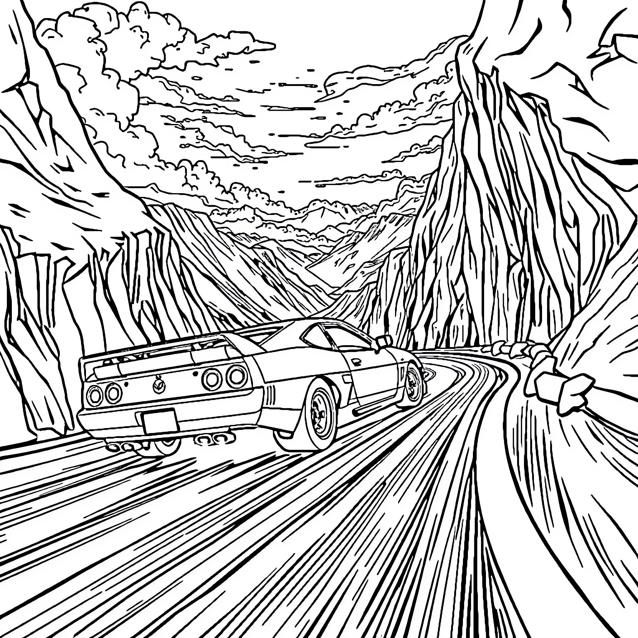 Car speeding through winding mountain road Coloring Page (free black-and-white line drawing printable PDF for all, from beginners to advanced learners, including children, teens, adults, and seniors)