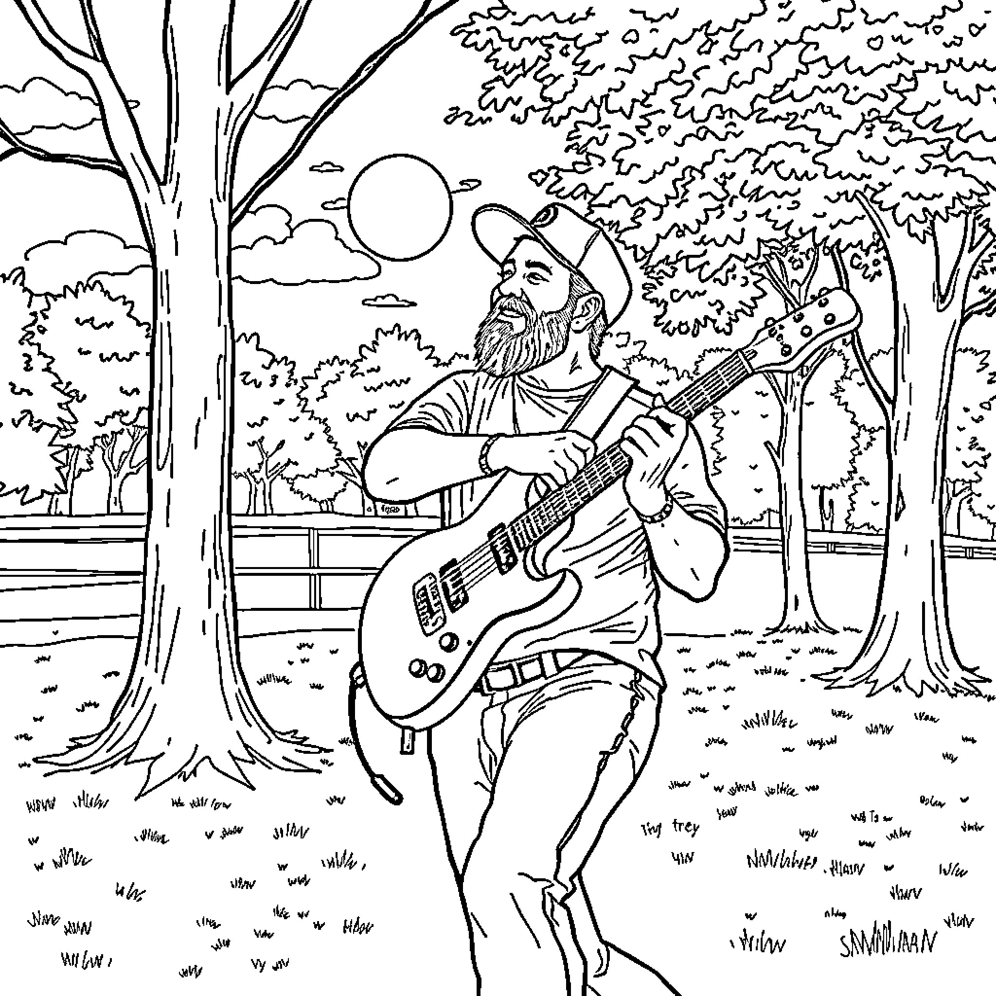 Trey Anastasio playing guitar amidst nature's backdrop Coloring Page (free black-and-white line drawing printable PDF for all, from beginners to advanced learners, including children, teens, adults, and seniors)