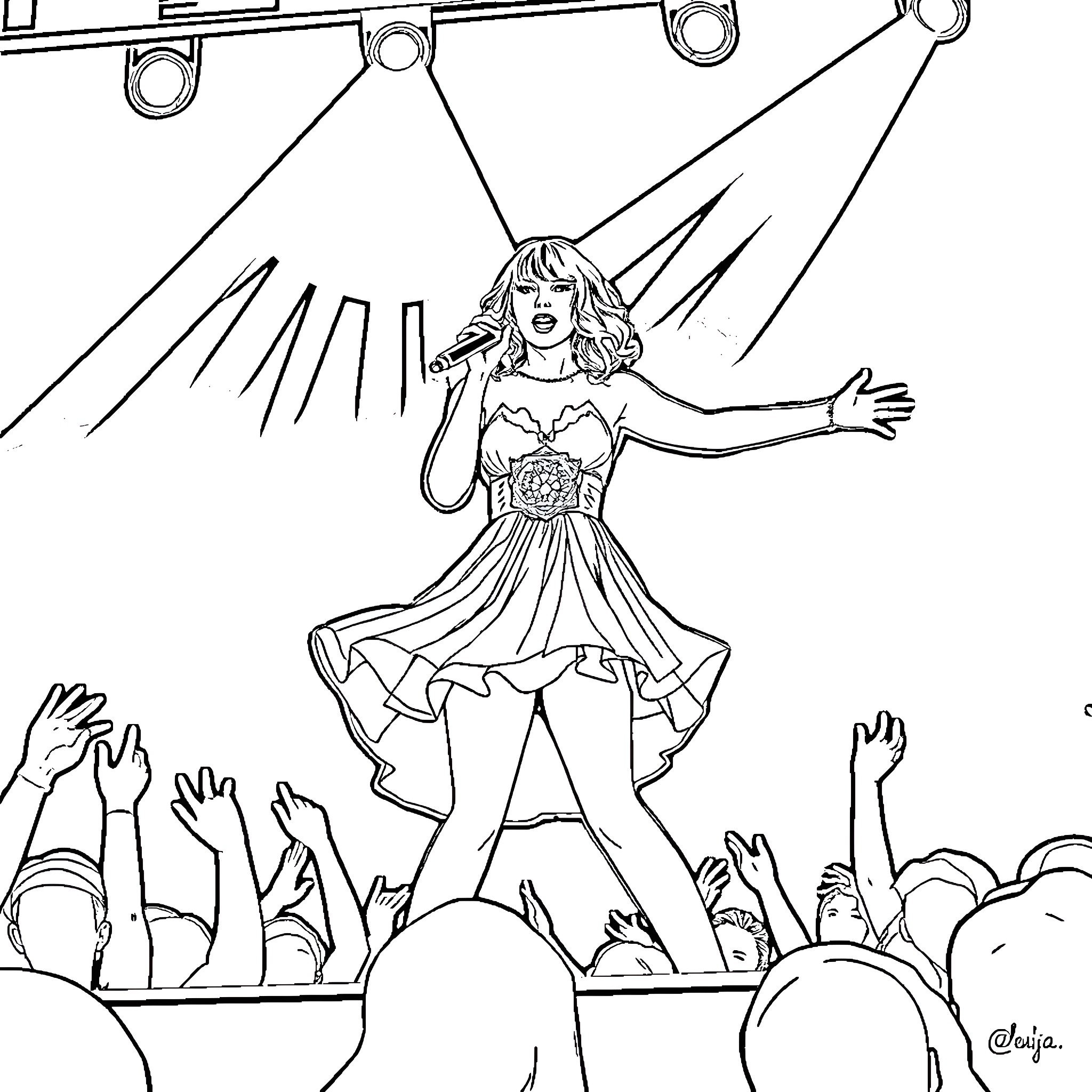 Taylor Swift performing on stage with energy Coloring Page (free black-and-white line drawing printable PDF for all, from beginners to advanced learners, including children, teens, adults, and seniors)