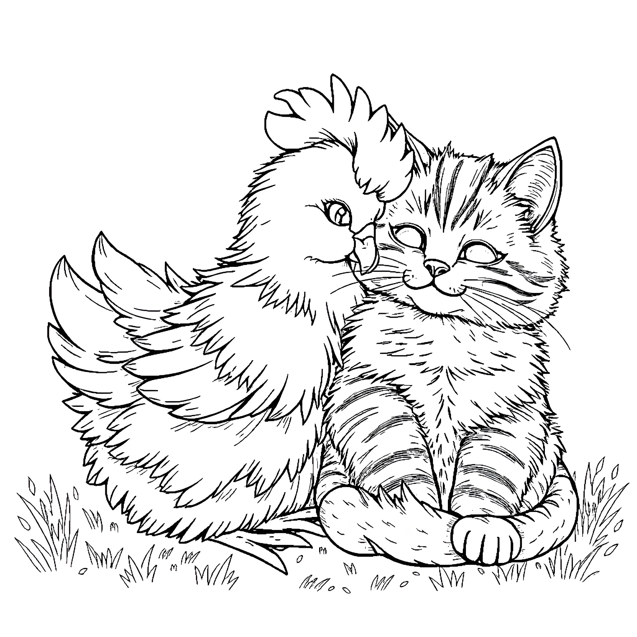 Chicken Napping Contentedly in the Grass Coloring Page (free black-and-white line drawing printable PDF for all, from beginners to advanced learners, including children, teens, adults, and seniors)