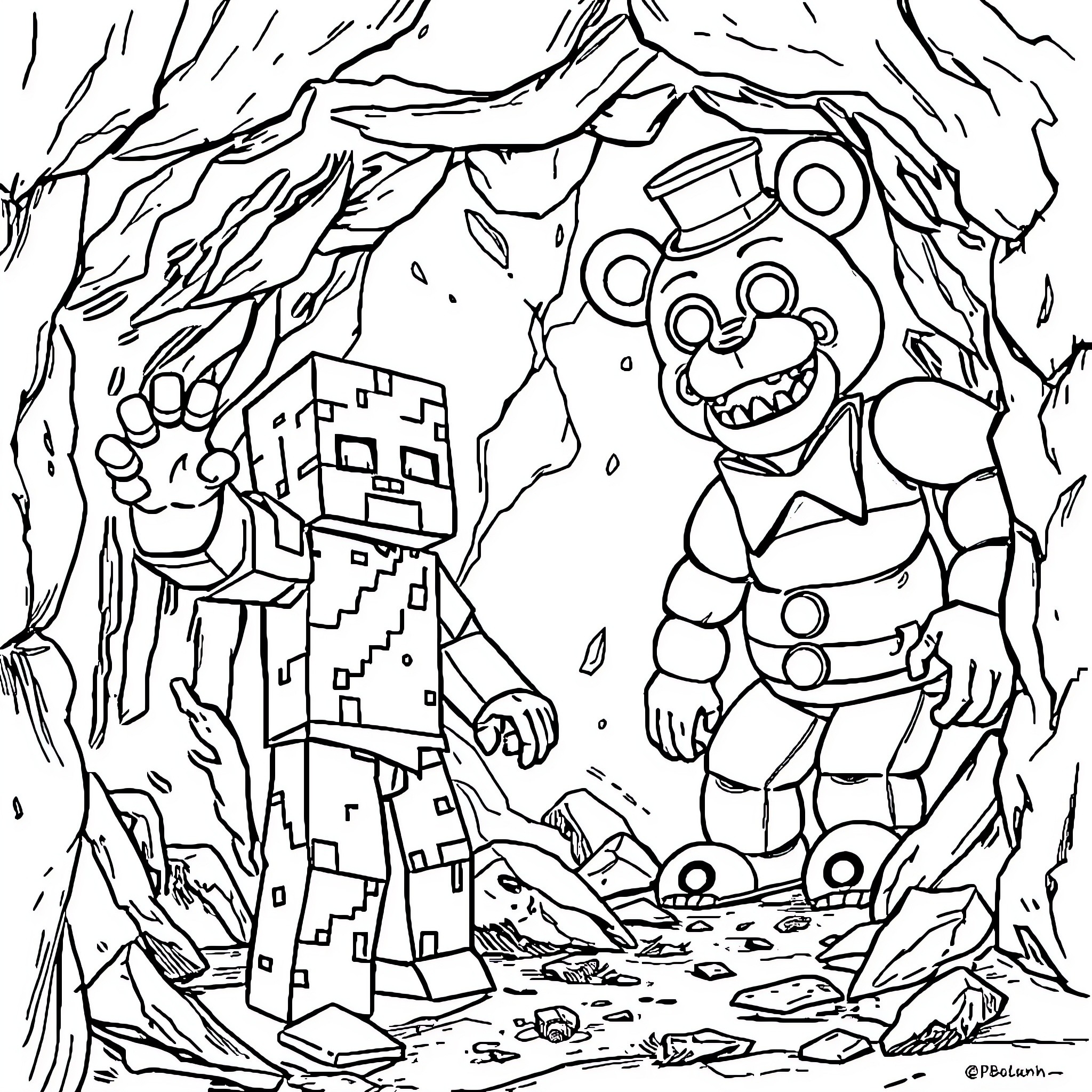 Zombie Animatronic Creature in Spooky Cave Coloring Page (free black-and-white line drawing printable PDF for all, from beginners to advanced learners, including children, teens, adults, and seniors)