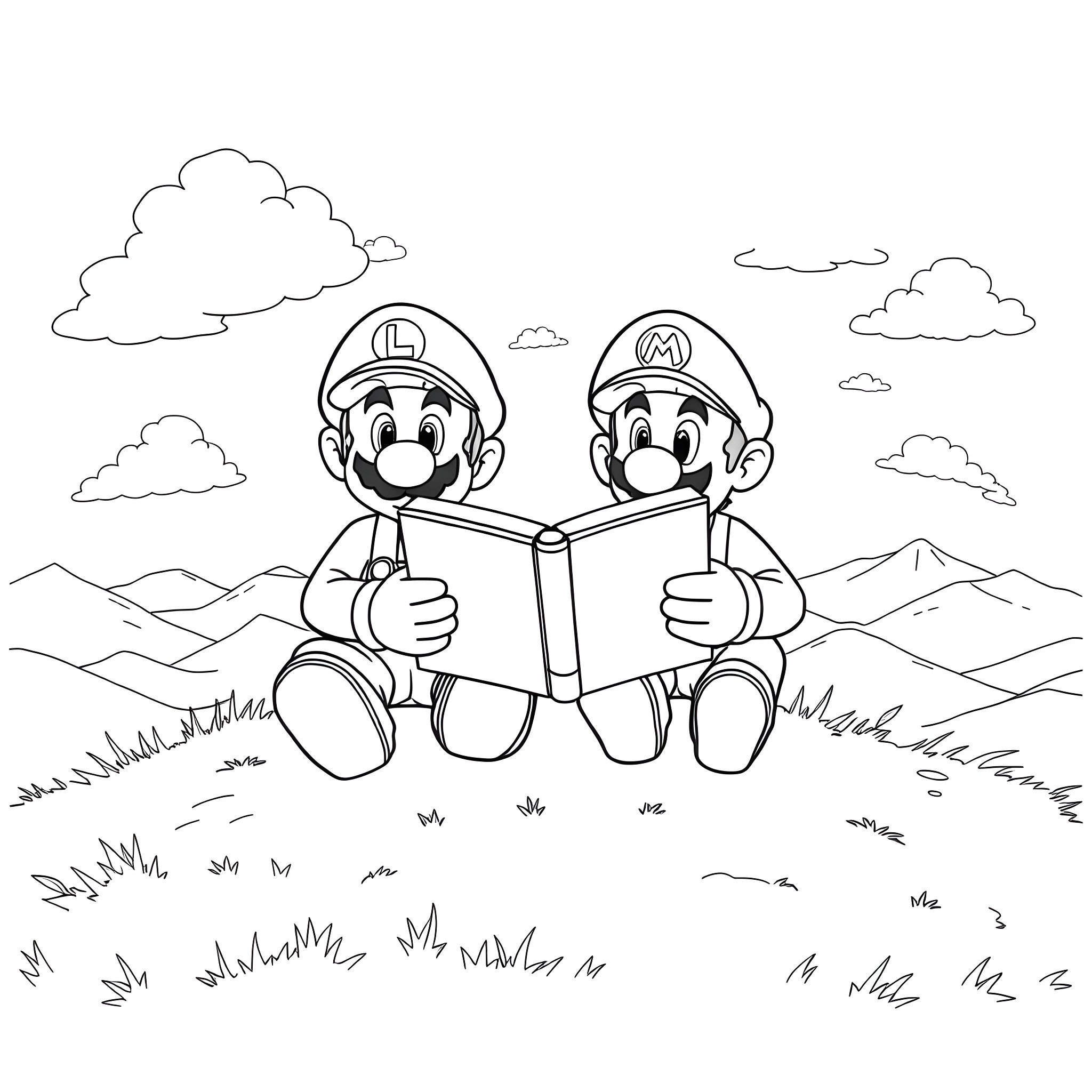 Mario and Luigi reading a book in the wilderness Coloring Page (free black-and-white line drawing printable PDF for all, from beginners to advanced learners, including children, teens, adults, and seniors)