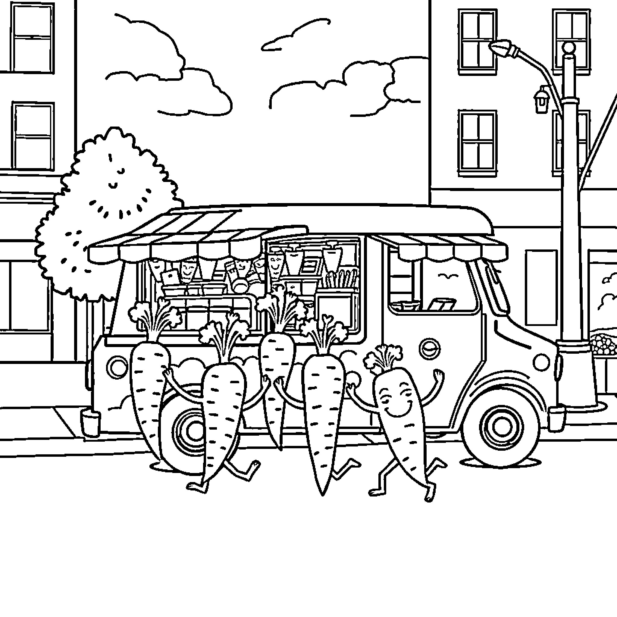 Food Truck Serving Smiling Customers on City Street Coloring Page (free black-and-white line drawing printable PDF for all, from beginners to advanced learners, including children, teens, adults, and seniors)