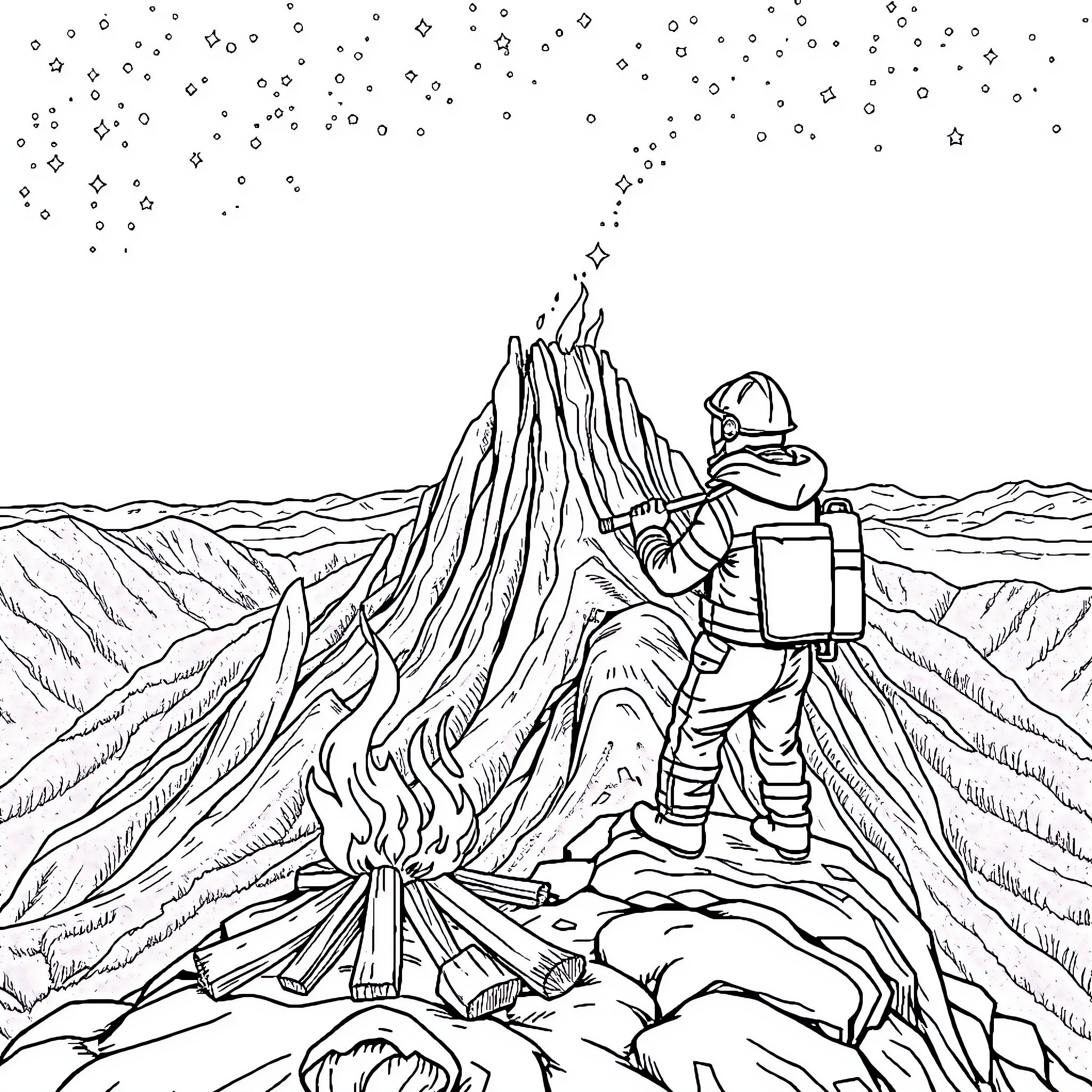 Pompier Observing Erupting Volcano in Desolate Landscape Coloring Page (free black-and-white line drawing printable PDF for all, from beginners to advanced learners, including children, teens, adults, and seniors)