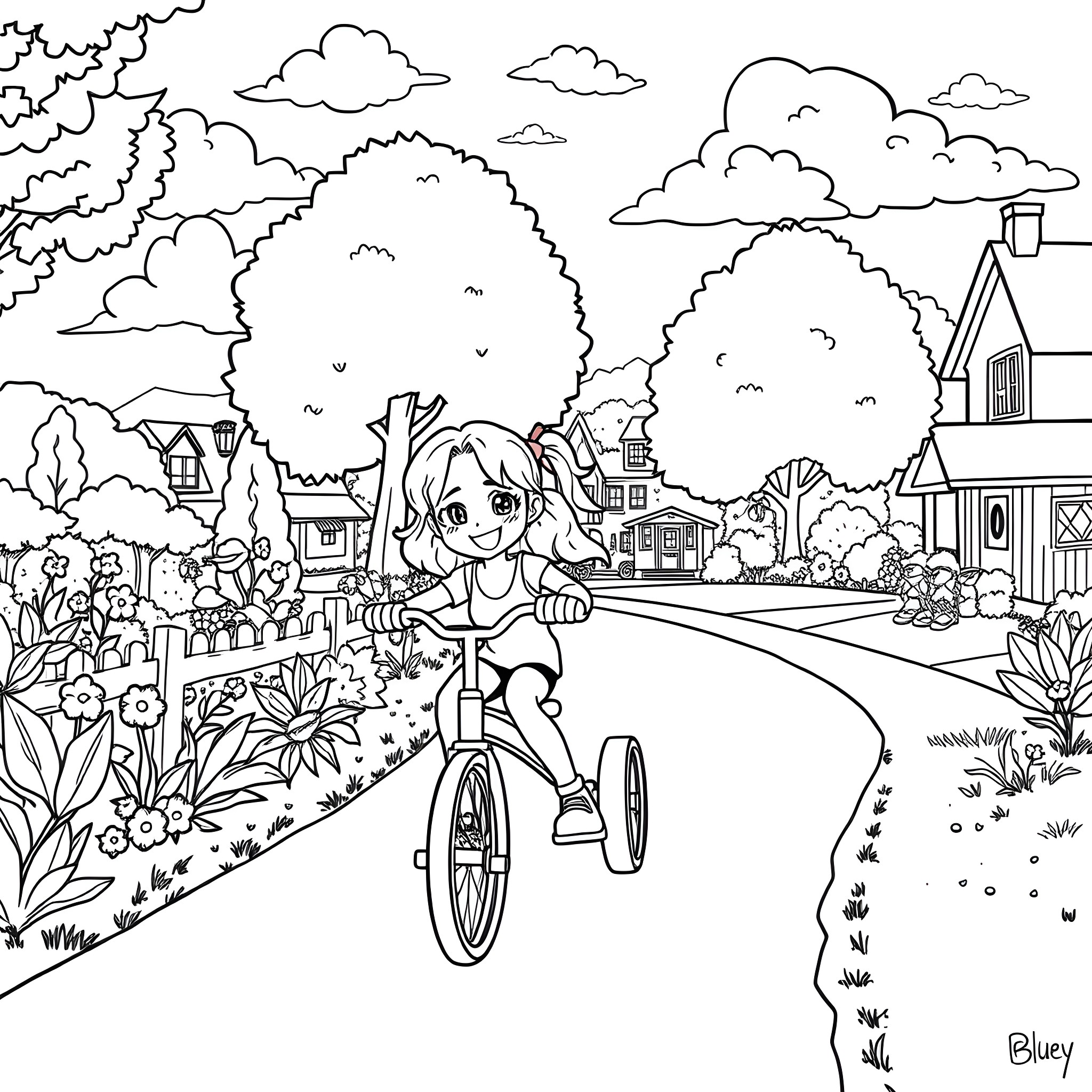 Bluey riding a bicycle through a charming neighborhood Coloring Page (free black-and-white line drawing printable PDF for all, from beginners to advanced learners, including children, teens, adults, and seniors)
