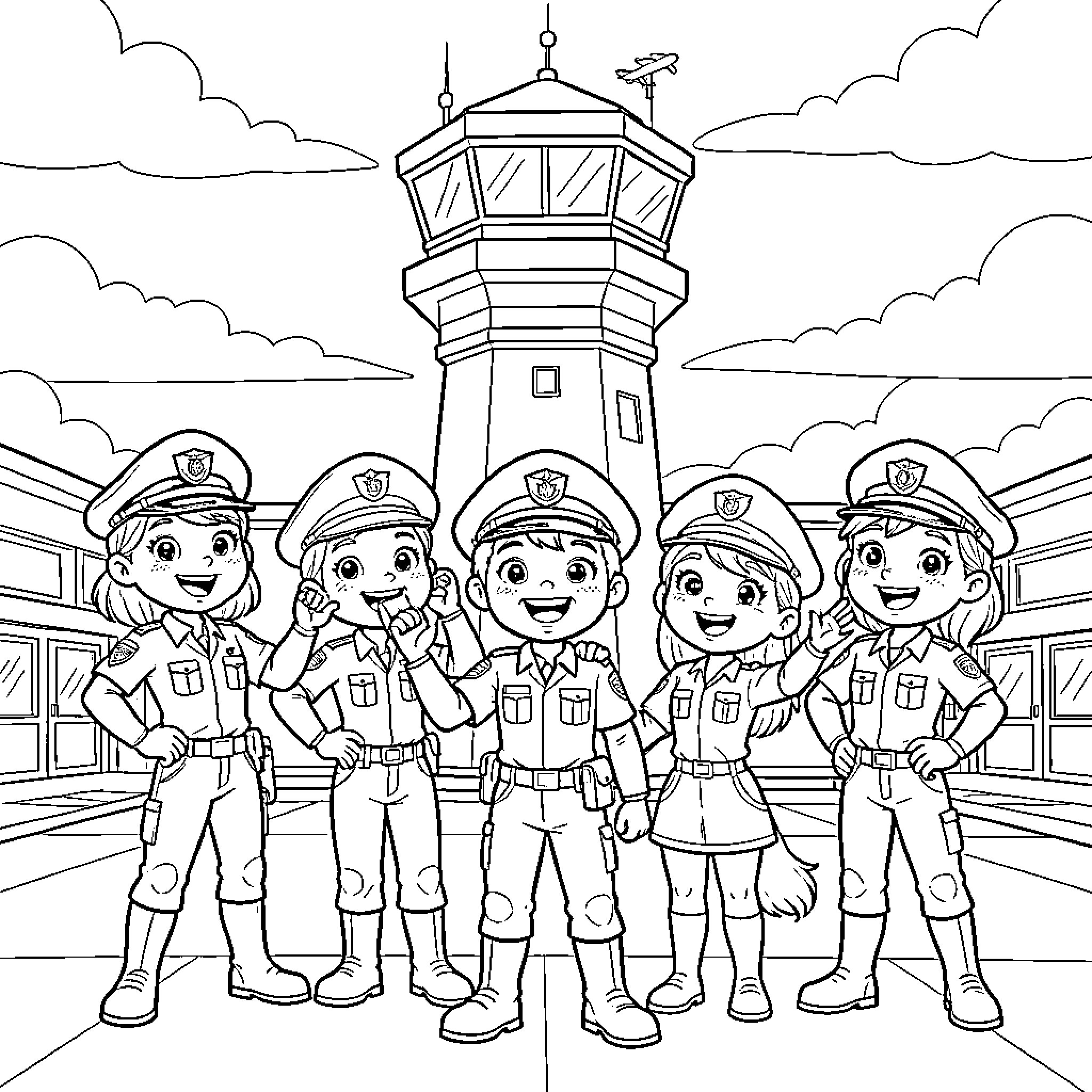 Pat Patrouille characters posing in their police uniforms Coloring Page (free black-and-white line drawing printable PDF for all, from beginners to advanced learners, including children, teens, adults, and seniors)