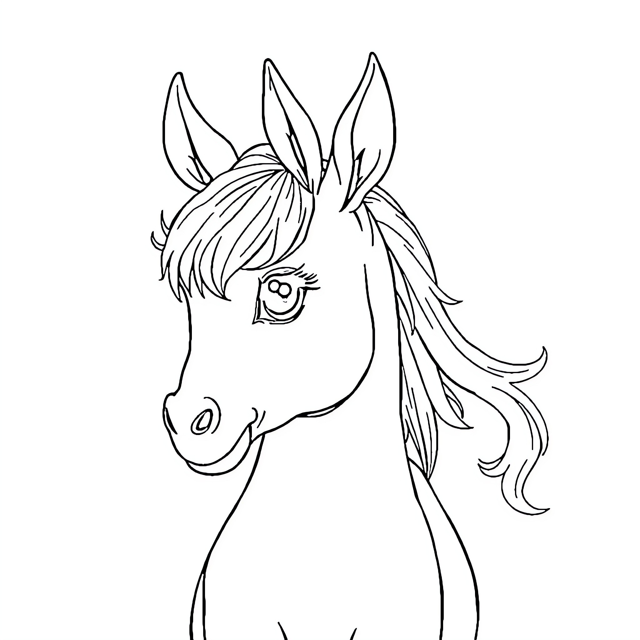 Pony with playful expression and flowing mane Coloring Page (free black-and-white line drawing printable PDF for all, from beginners to advanced learners, including children, teens, adults, and seniors)