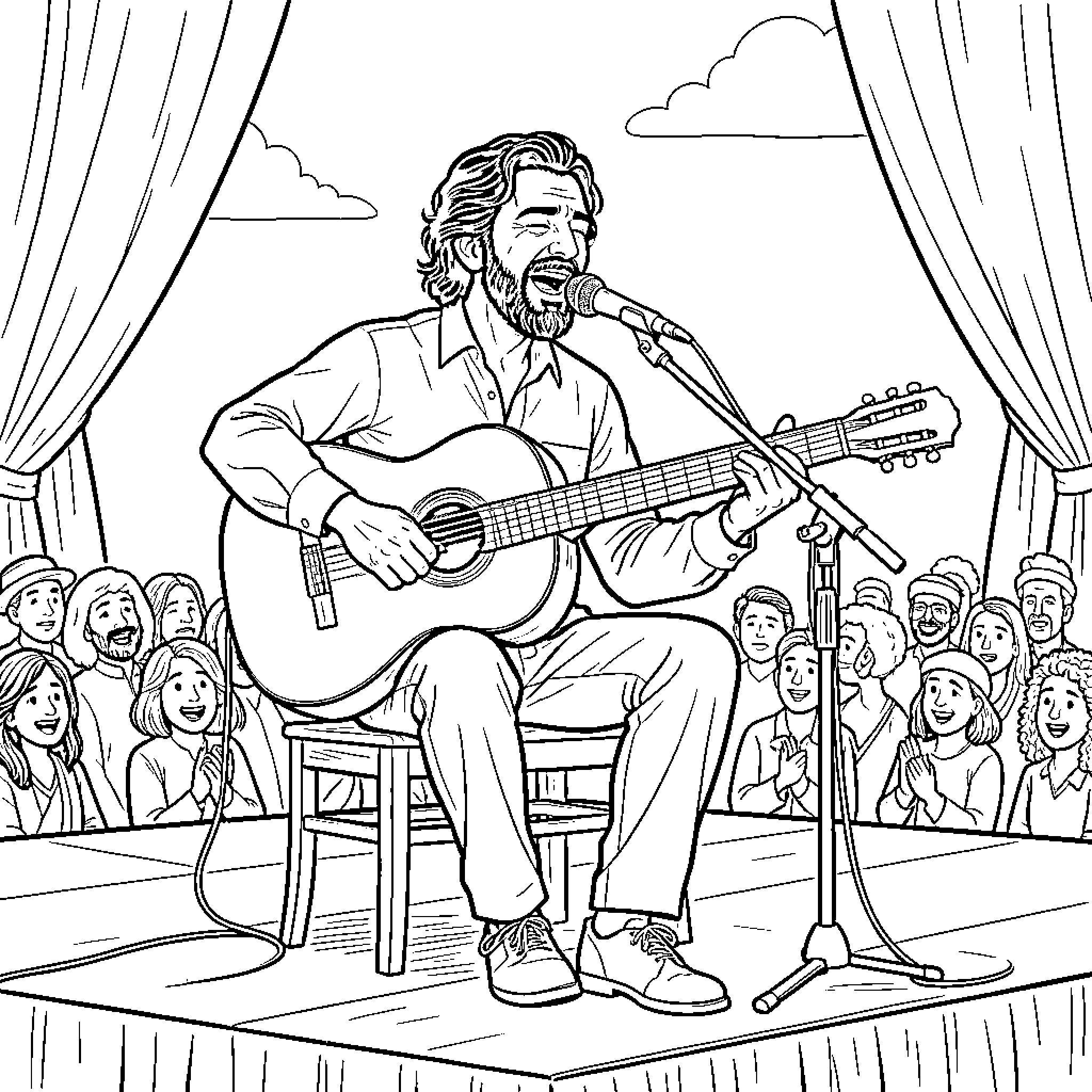 Matoub Lounes singing passionately while playing an acoustic guitar Coloring Page (free black-and-white line drawing printable PDF for all, from beginners to advanced learners, including children, teens, adults, and seniors)