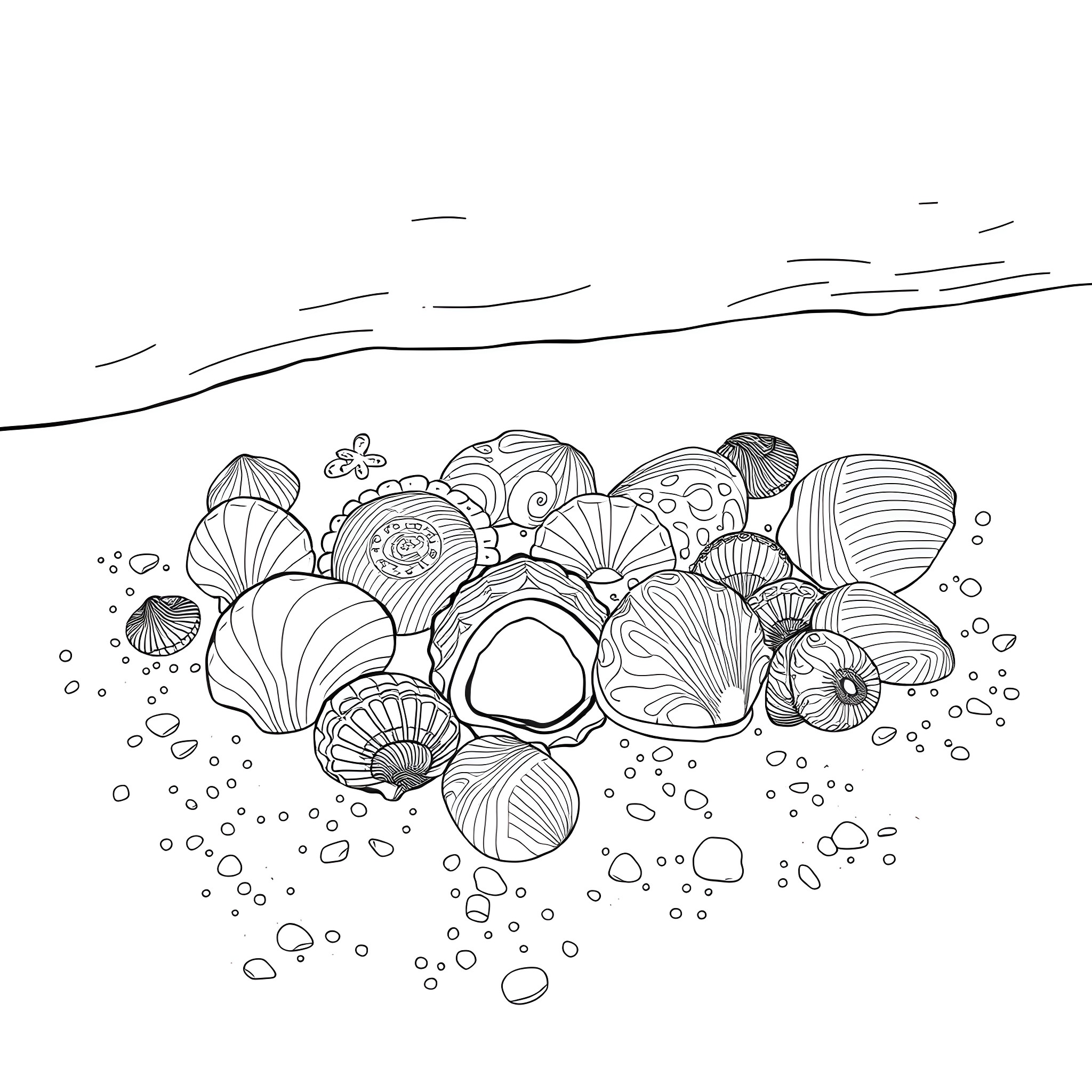 Seashell scattering along the beach Coloring Page (free black-and-white line drawing printable PDF for all, from beginners to advanced learners, including children, teens, adults, and seniors)