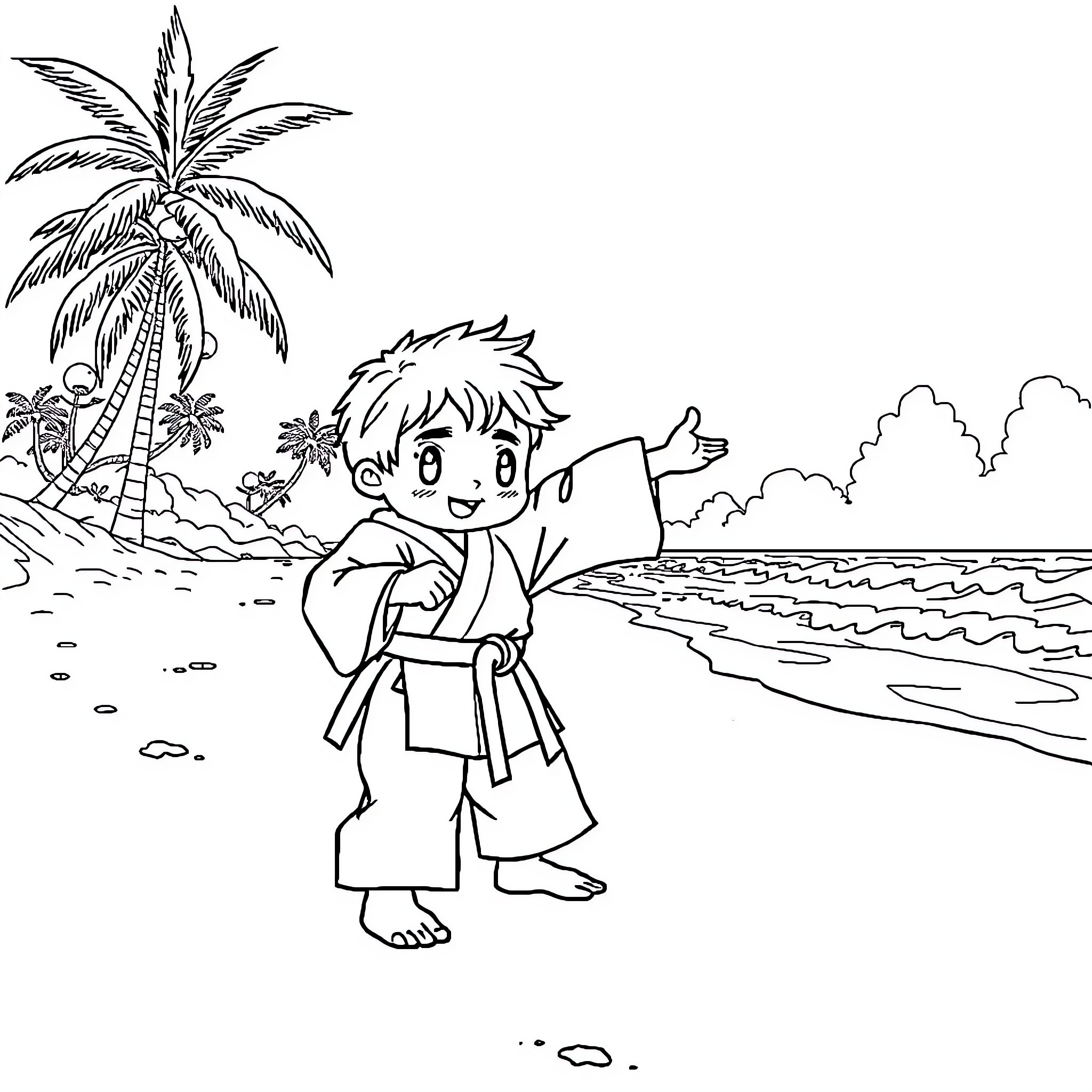 Kawaii boy enjoys adventures by the beach Coloring Page (free black-and-white line drawing printable PDF for all, from beginners to advanced learners, including children, teens, adults, and seniors)