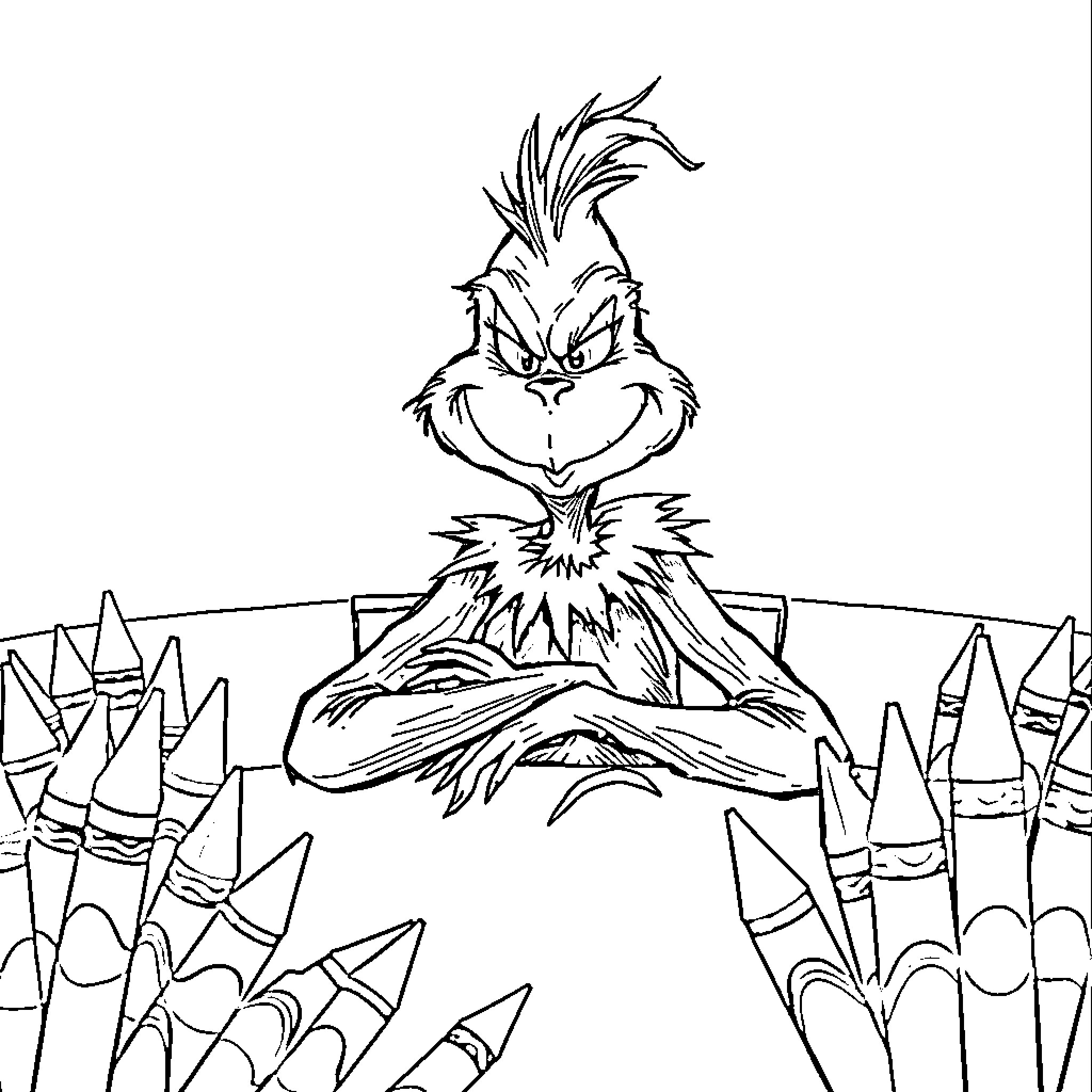 Grinch scheming atop a pile of pencils Coloring Page (free black-and-white line drawing printable PDF for all, from beginners to advanced learners, including children, teens, adults, and seniors)