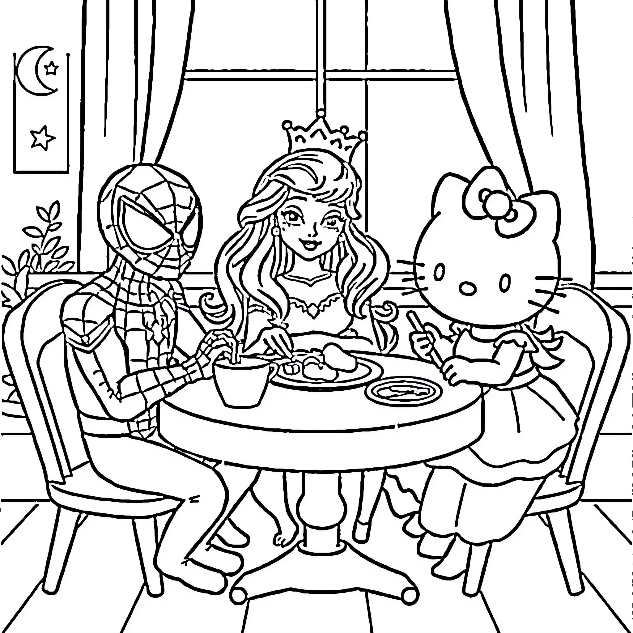 Spider-Man Enjoys a Meal with Princess and Kitty Coloring Page (free black-and-white line drawing printable PDF for all, from beginners to advanced learners, including children, teens, adults, and seniors)