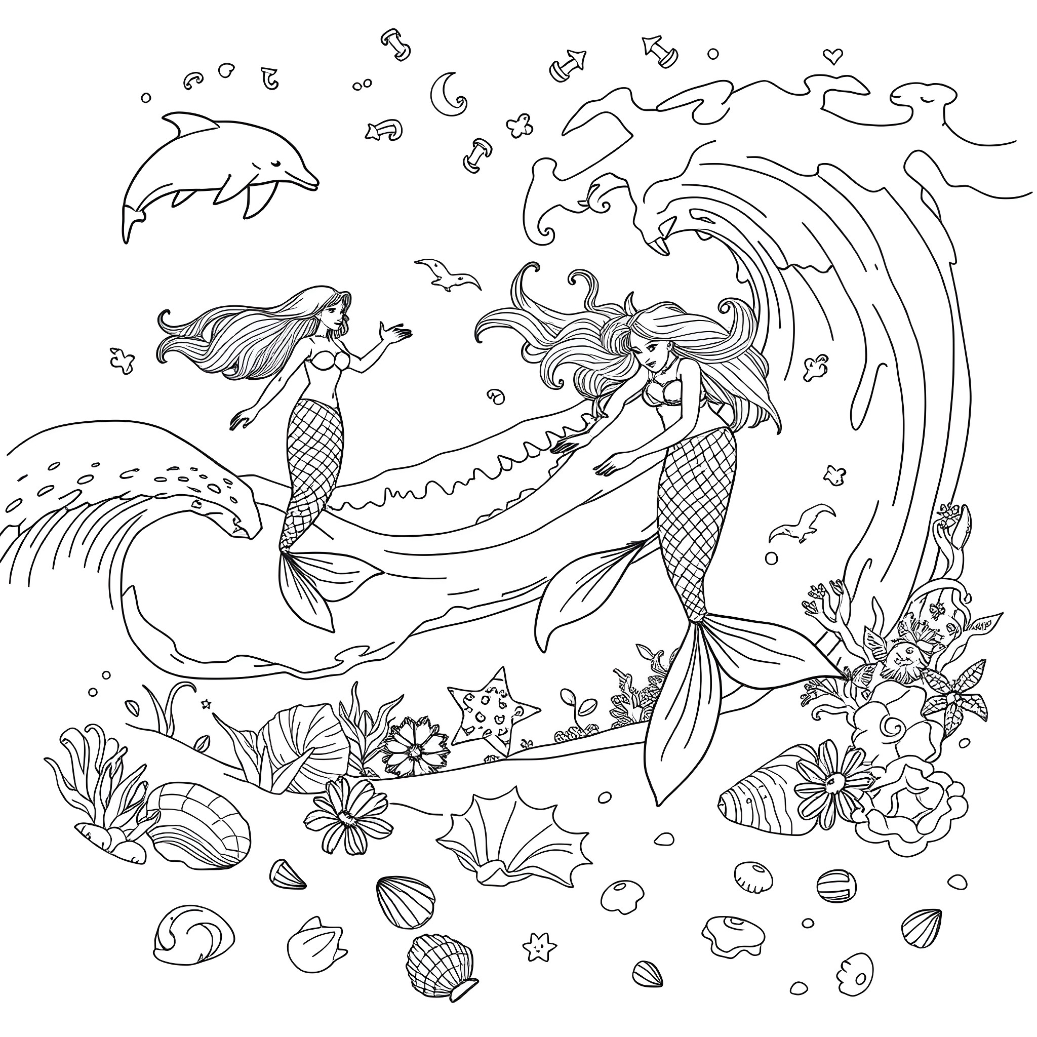 Mermaid beauties swimming among underwater marine life Coloring Page (free black-and-white line drawing printable PDF for all, from beginners to advanced learners, including children, teens, adults, and seniors)