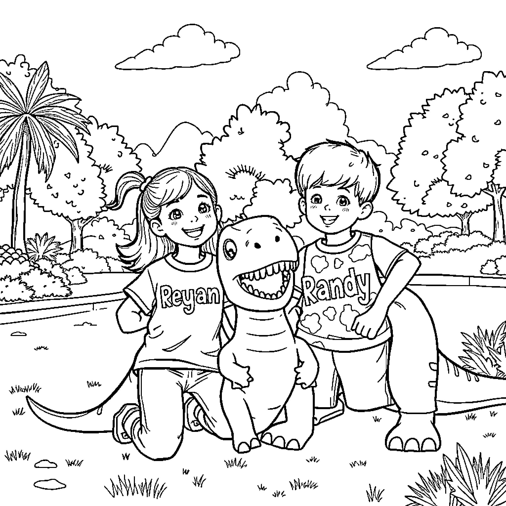 Child friends playing happily with dinosaur in nature Coloring Page (free black-and-white line drawing printable PDF for all, from beginners to advanced learners, including children, teens, adults, and seniors)