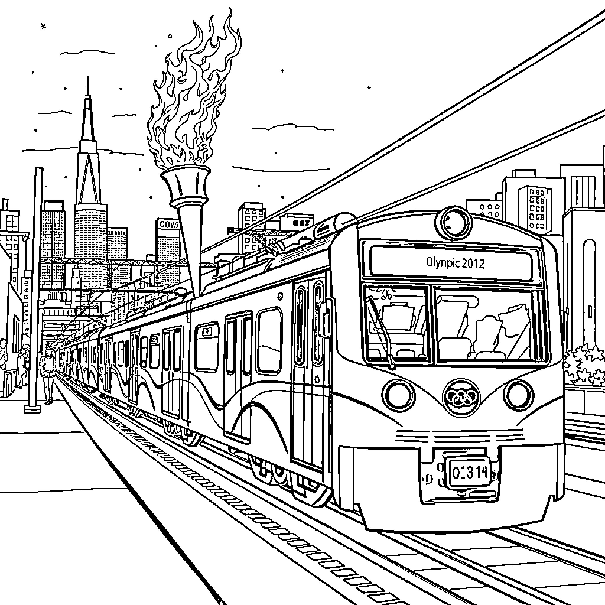 Train Traveling Through Cityscape with Landmarks Coloring Page (free black-and-white line drawing printable PDF for all, from beginners to advanced learners, including children, teens, adults, and seniors)