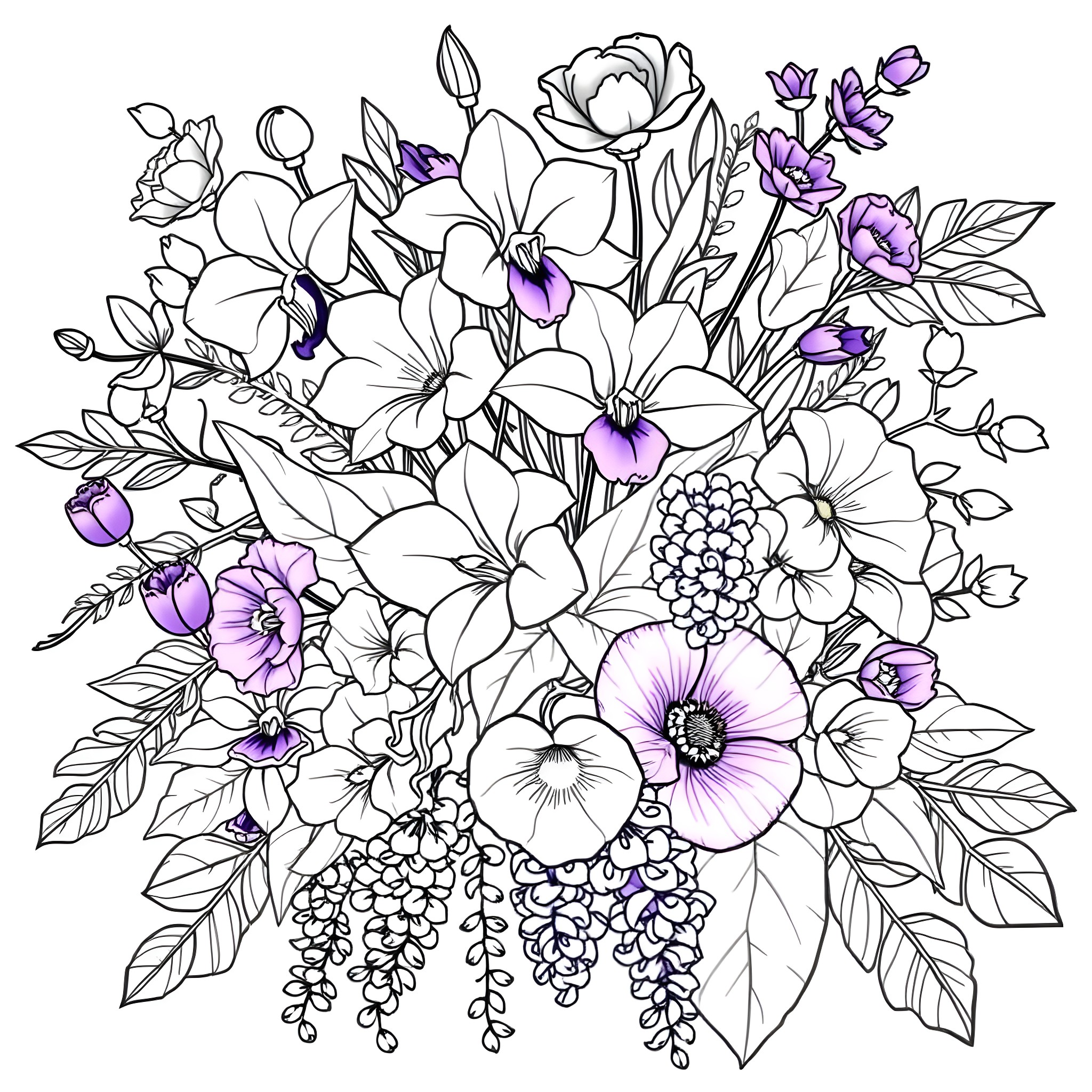 Flower Bouquet with Elegant Floral Arrangements Coloring Page (free black-and-white line drawing printable PDF for all, from beginners to advanced learners, including children, teens, adults, and seniors)