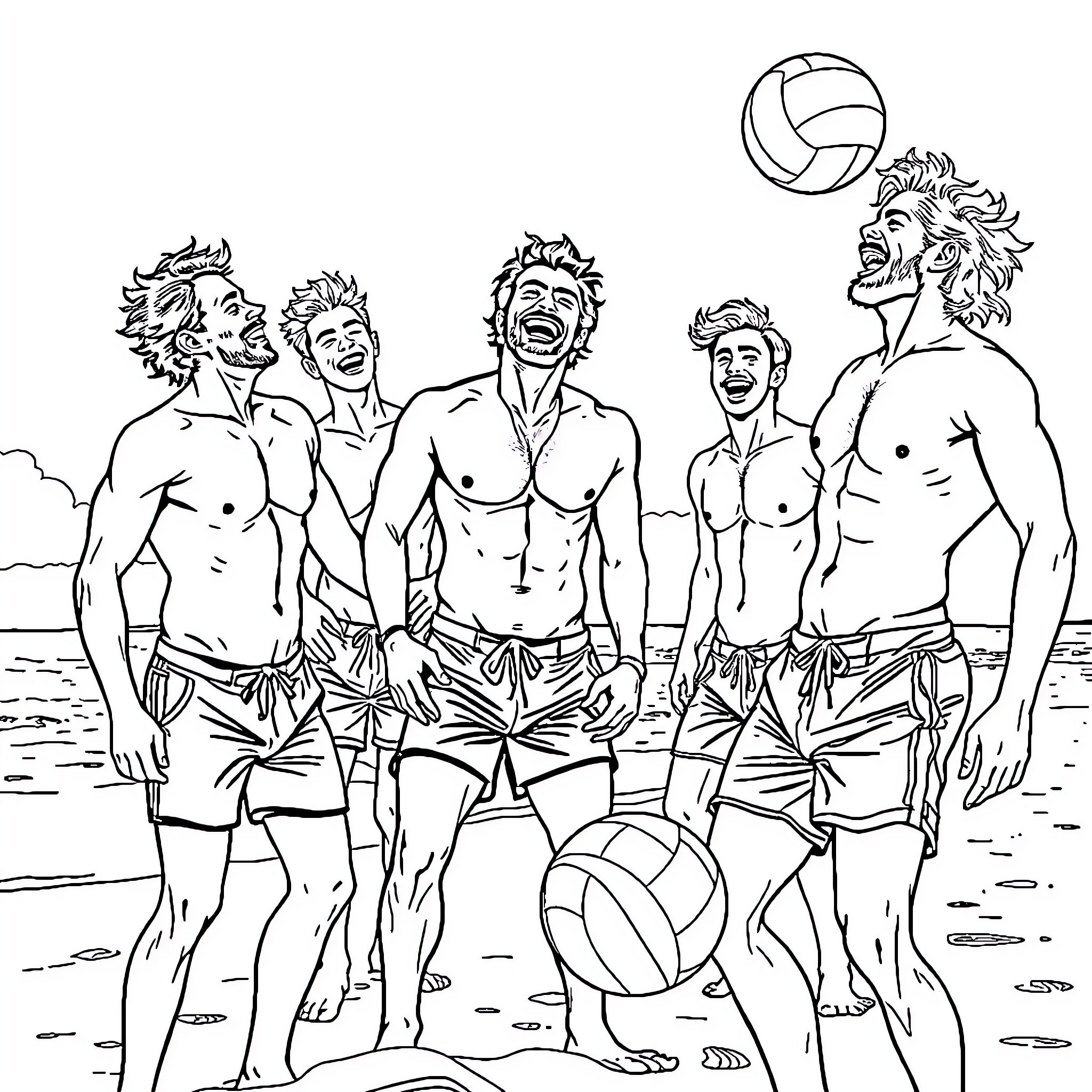 Men playing volleyball on the beach Coloring Page (free black-and-white line drawing printable PDF for all, from beginners to advanced learners, including children, teens, adults, and seniors)
