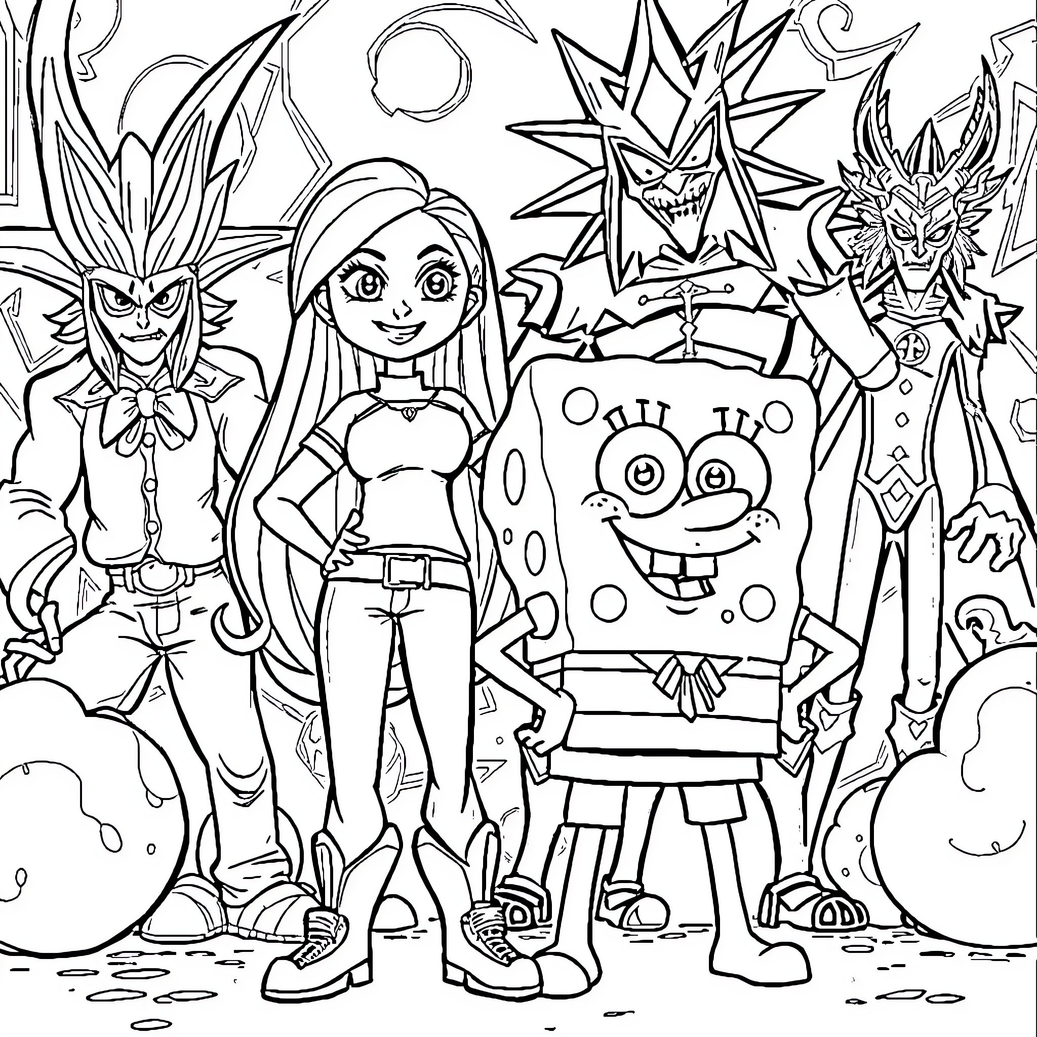 Kim Possible and her cartoon friends in an adventure Coloring Page (free black-and-white line drawing printable PDF for all, from beginners to advanced learners, including children, teens, adults, and seniors)