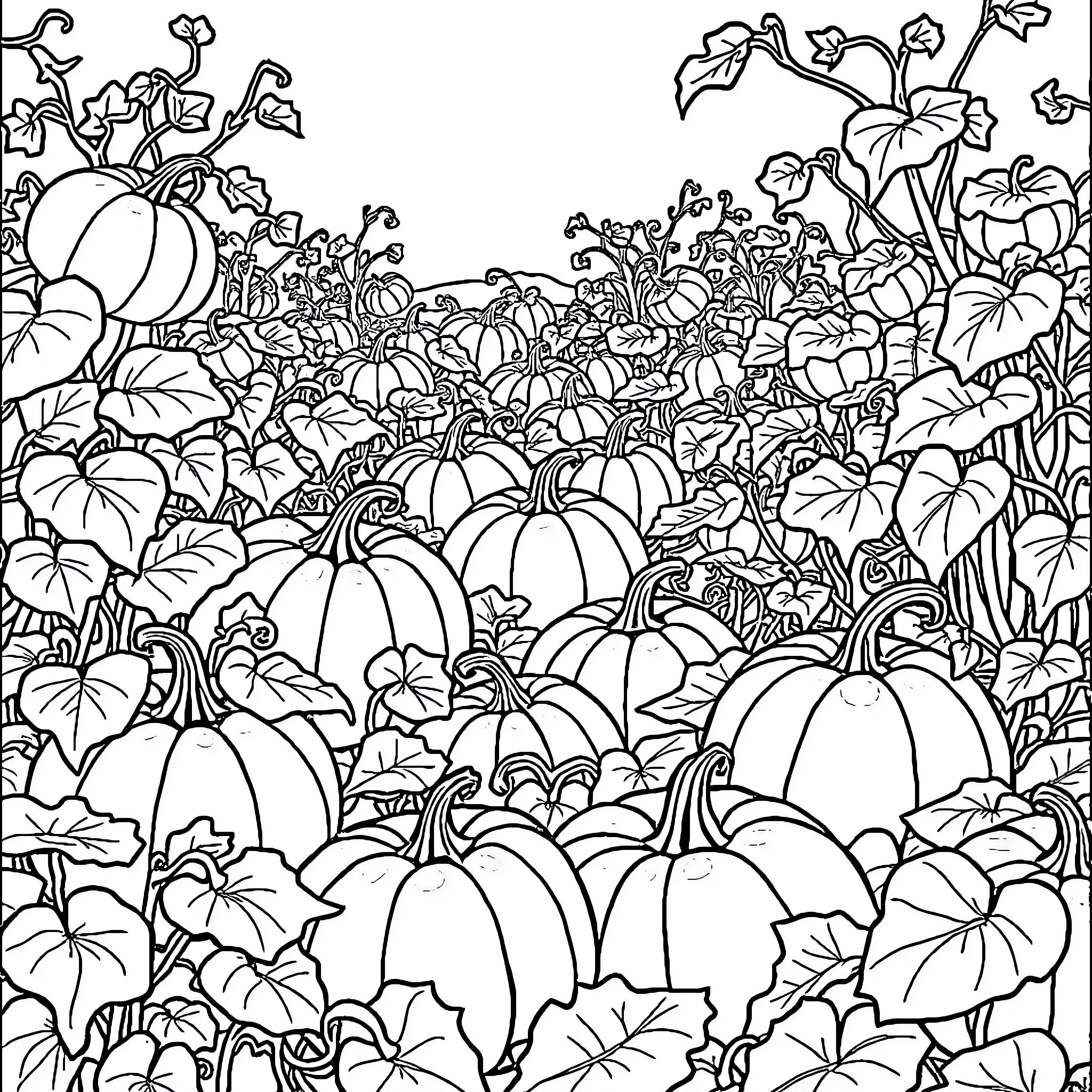 Pumpkin patch with diverse autumn foliage Coloring Page (free black-and-white line drawing printable PDF for all, from beginners to advanced learners, including children, teens, adults, and seniors)