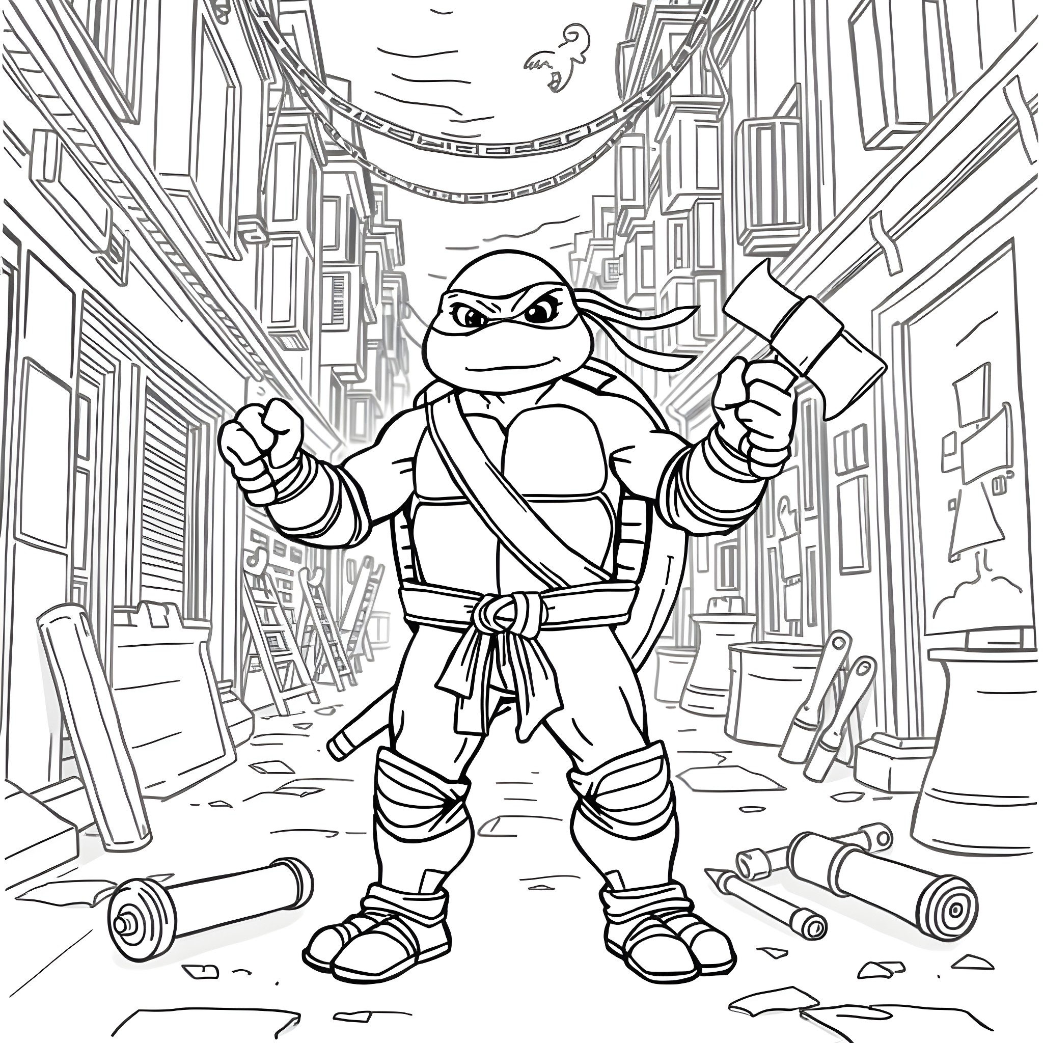 Ninja Turtle Wielding Weapons in City Alley Coloring Page (free black-and-white line drawing printable PDF for all, from beginners to advanced learners, including children, teens, adults, and seniors)