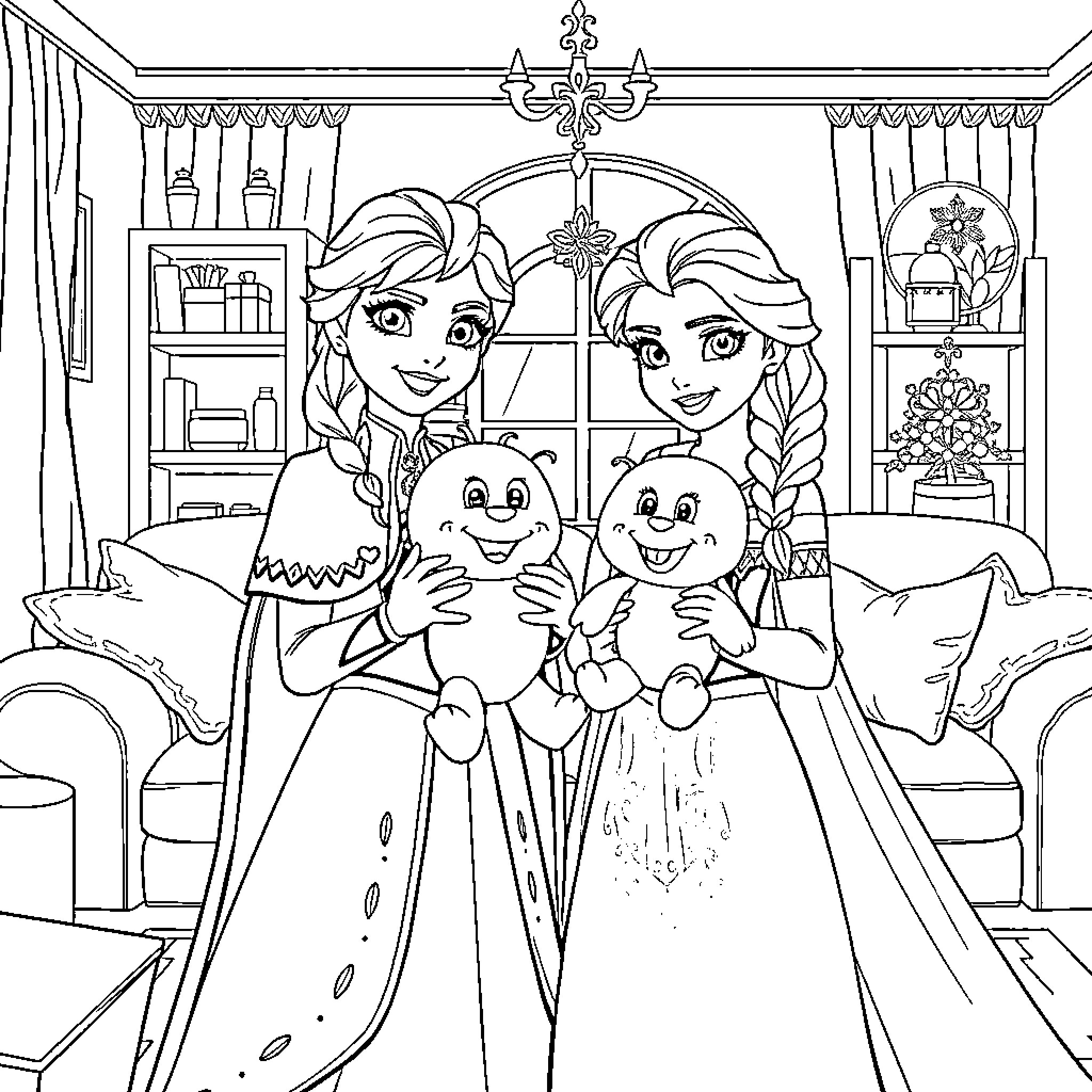 Anna and Elsa's Cozy Bedroom Adventure Coloring Page (free black-and-white line drawing printable PDF for all, from beginners to advanced learners, including children, teens, adults, and seniors)