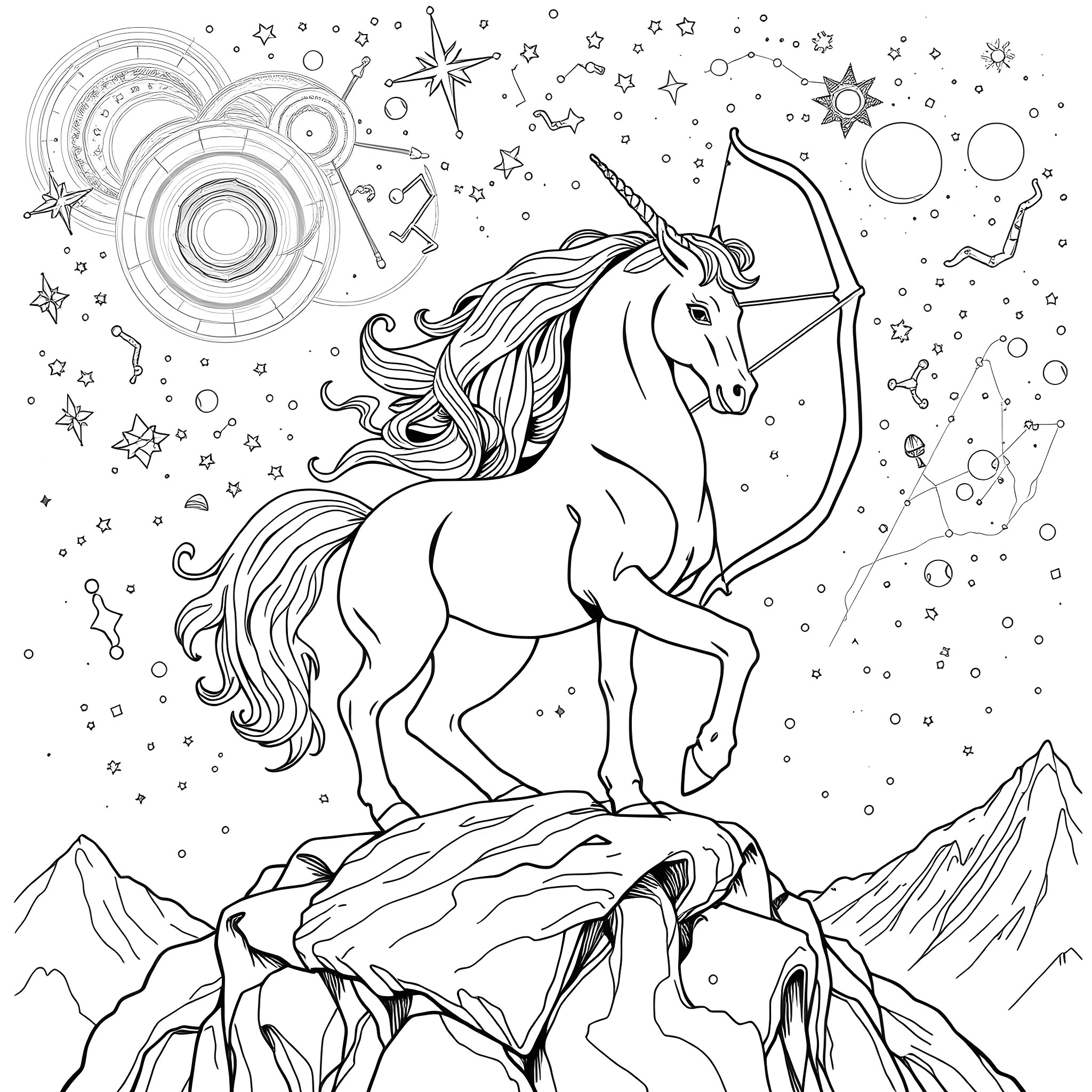 Sagittarius Unicorn: Celestial Enchantment Coloring Page (free black-and-white line drawing printable PDF for all, from beginners to advanced learners, including children, teens, adults, and seniors)