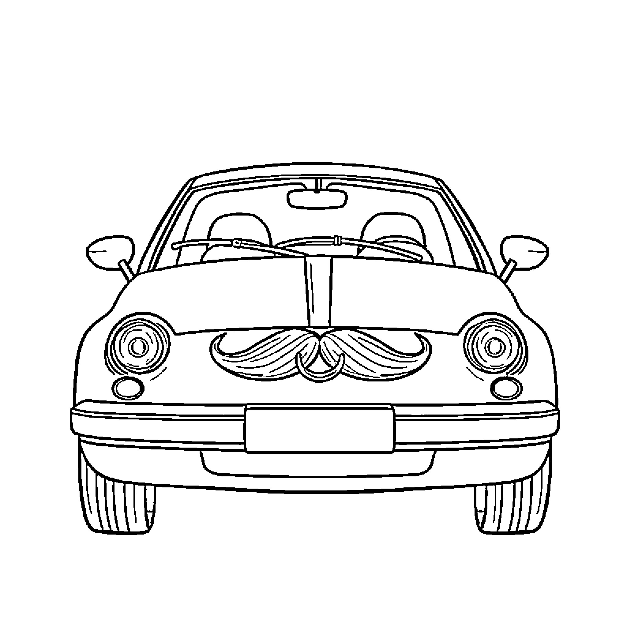 Hatchback vehicle with humorous mustache design Coloring Page (free black-and-white line drawing printable PDF for all, from beginners to advanced learners, including children, teens, adults, and seniors)