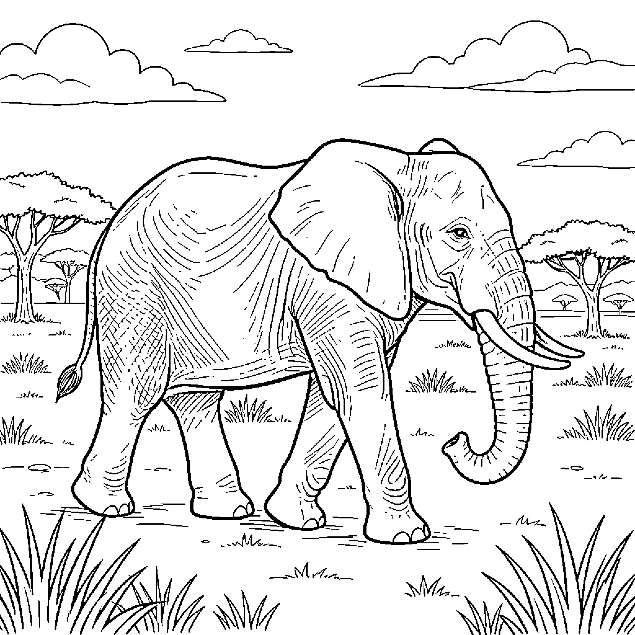Elephant strolling through the African savanna Coloring Page (free black-and-white line drawing printable PDF for all, from beginners to advanced learners, including children, teens, adults, and seniors)