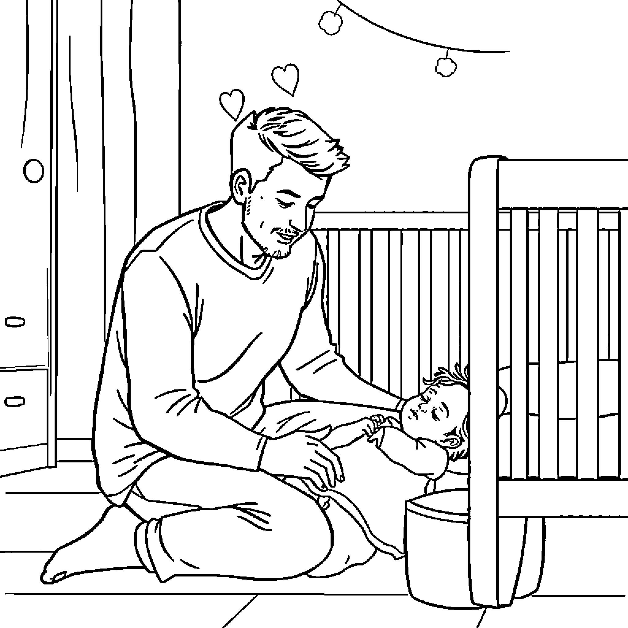 Father tenderly comforting a child in their nursery Coloring Page (free black-and-white line drawing printable PDF for all, from beginners to advanced learners, including children, teens, adults, and seniors)