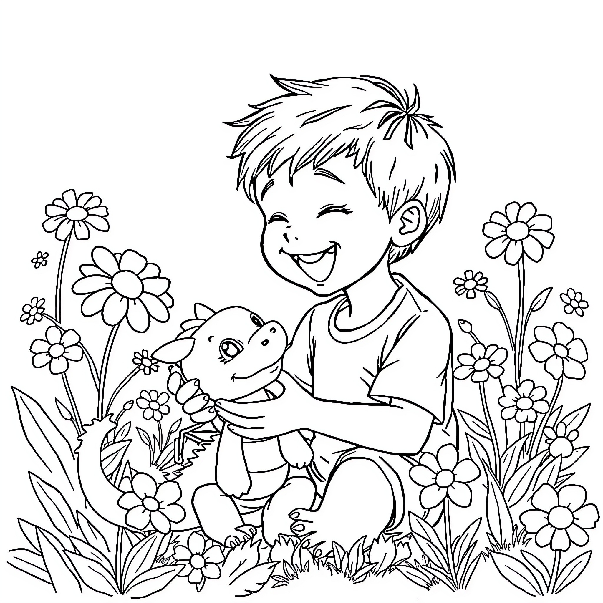 Boy playing happily with pet in nature Coloring Page (free black-and-white line drawing printable PDF for all, from beginners to advanced learners, including children, teens, adults, and seniors)