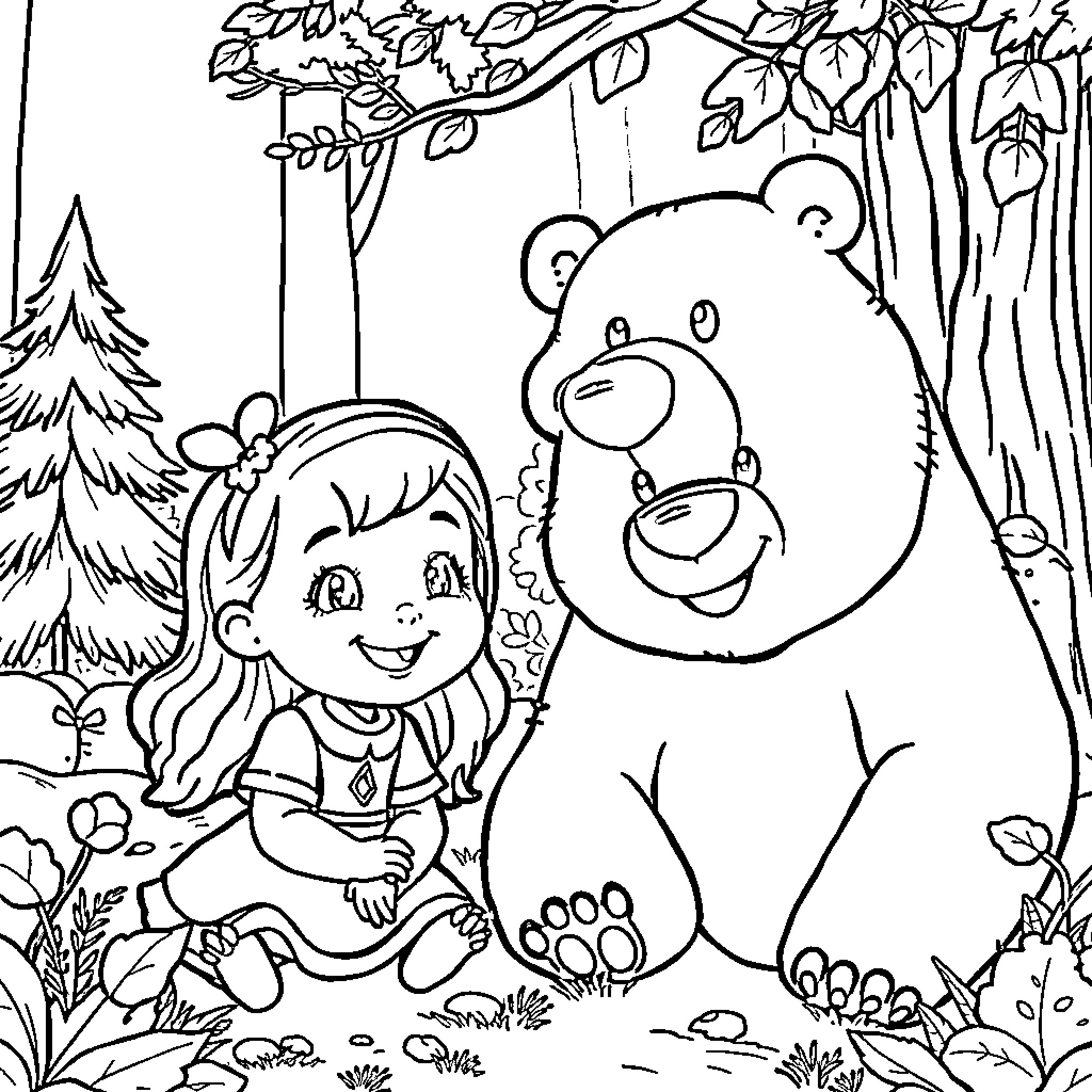 Masha and the Bear playing in the forest Coloring Page (free black-and-white line drawing printable PDF for all, from beginners to advanced learners, including children, teens, adults, and seniors)