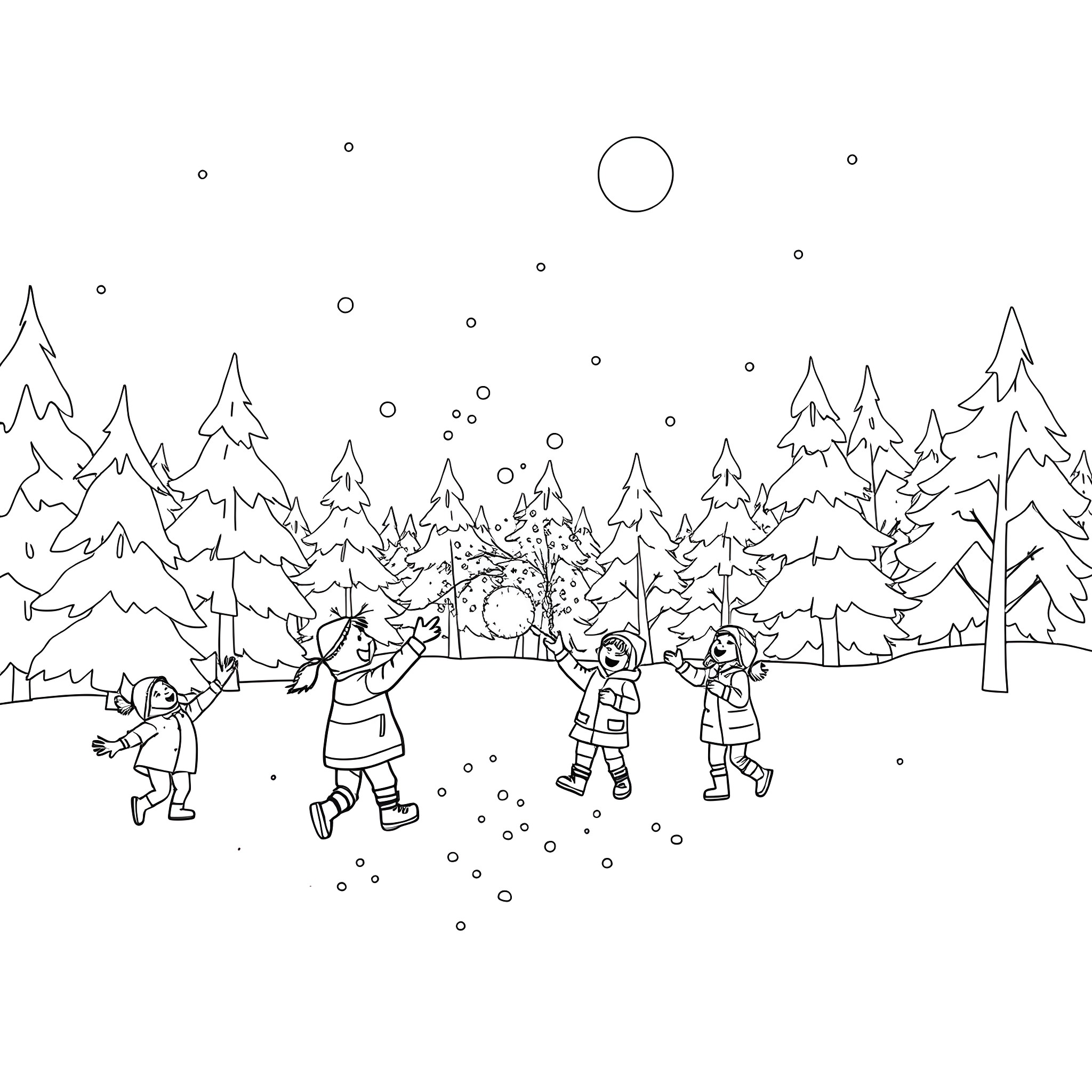 Kids playing in the snowy winter forest Coloring Page (free black-and-white line drawing printable PDF for all, from beginners to advanced learners, including children, teens, adults, and seniors)