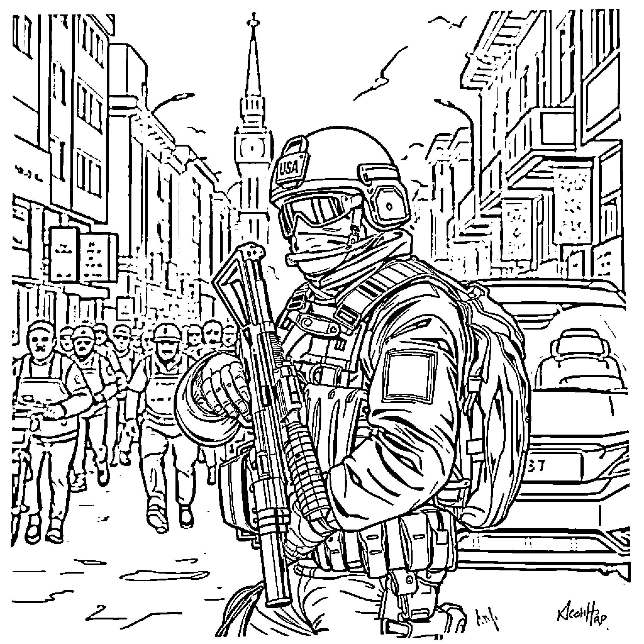 Soldier patrolling busy urban city street Coloring Page (free black-and-white line drawing printable PDF for all, from beginners to advanced learners, including children, teens, adults, and seniors)