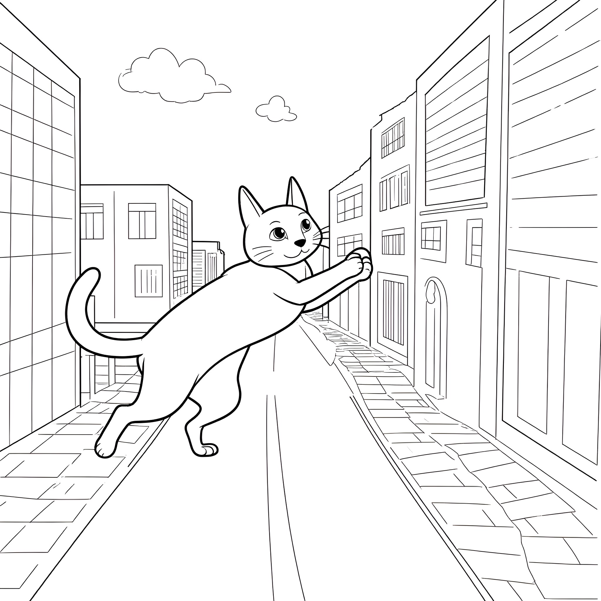 Calico Cat Exploring the City Streets Coloring Page (free black-and-white line drawing printable PDF for all, from beginners to advanced learners, including children, teens, adults, and seniors)