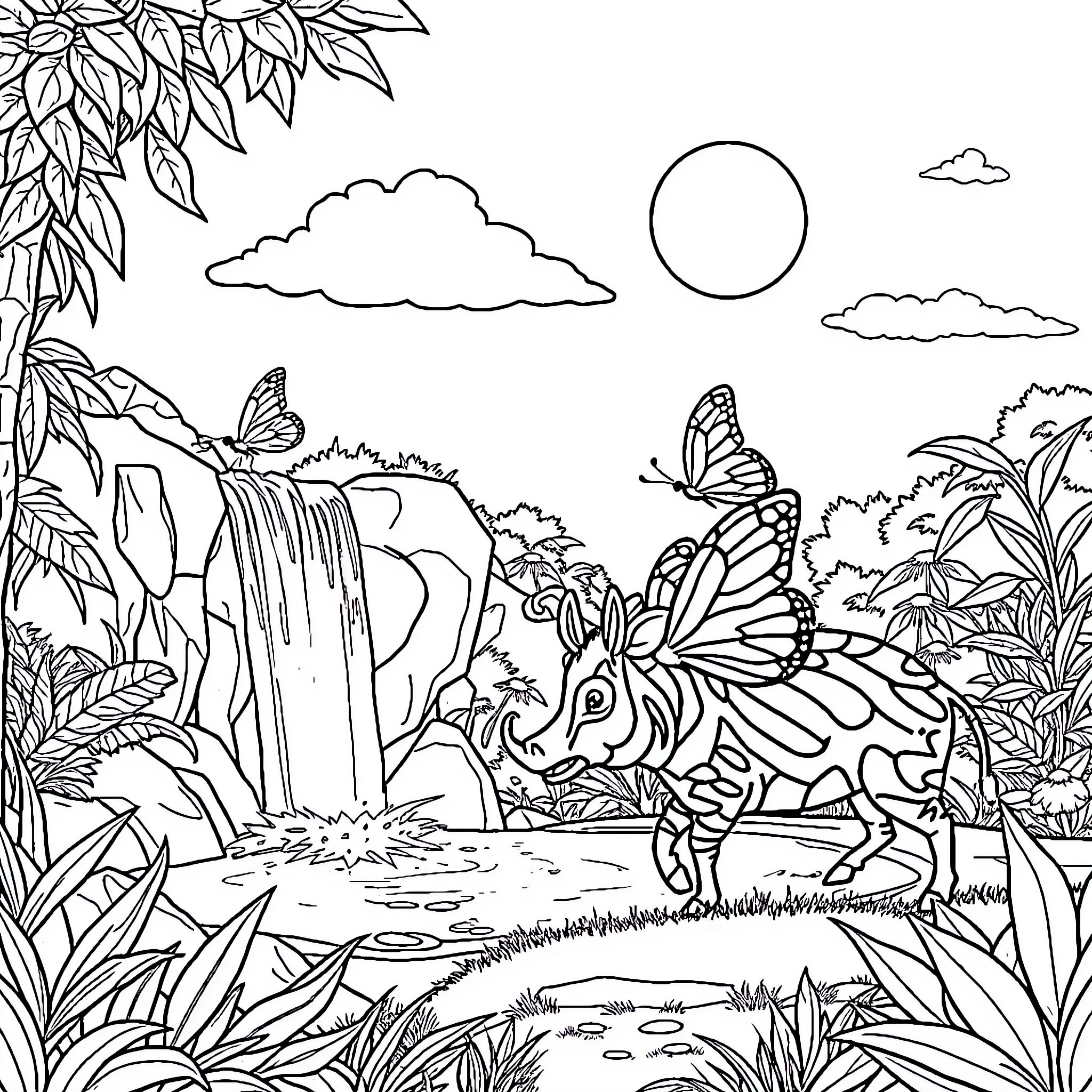 Butterfly Exploring a Lush Rainforest Landscape Coloring Page (free black-and-white line drawing printable PDF for all, from beginners to advanced learners, including children, teens, adults, and seniors)