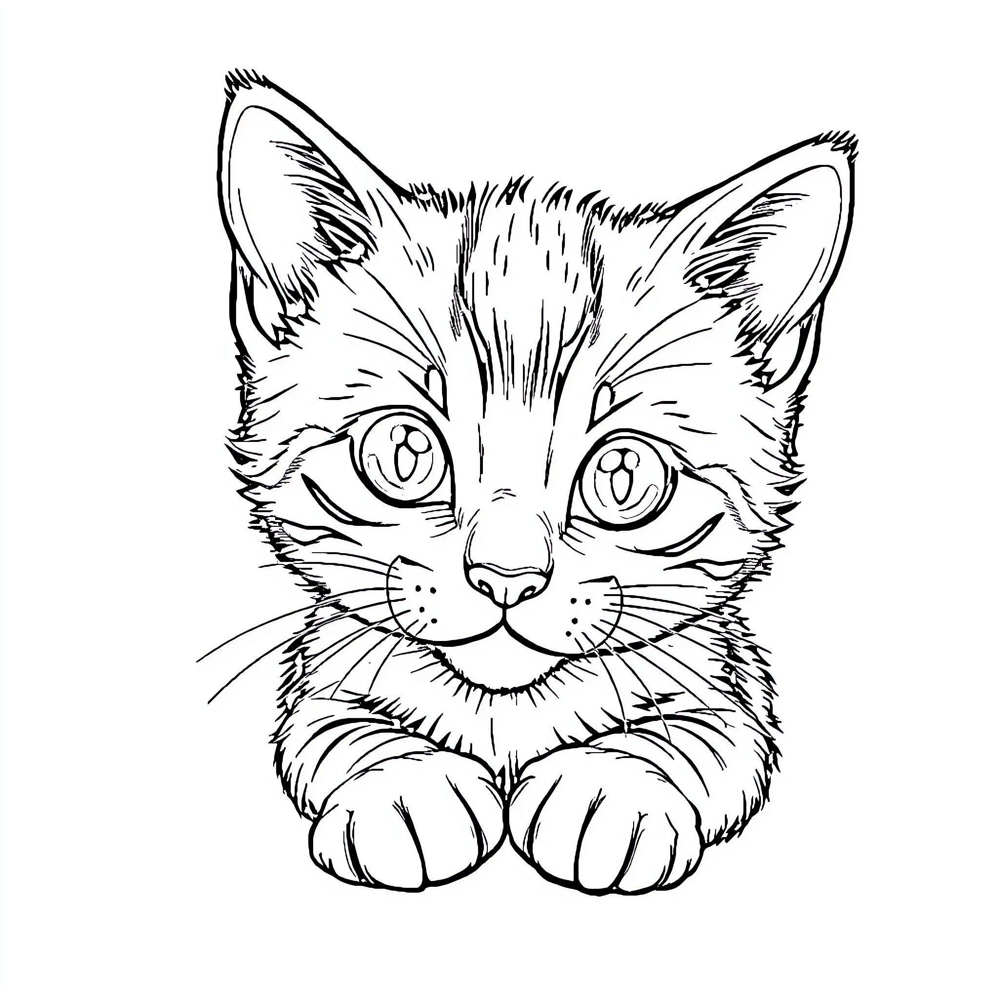 Kitten with curious expression Coloring Page (free black-and-white line drawing printable PDF for all, from beginners to advanced learners, including children, teens, adults, and seniors)
