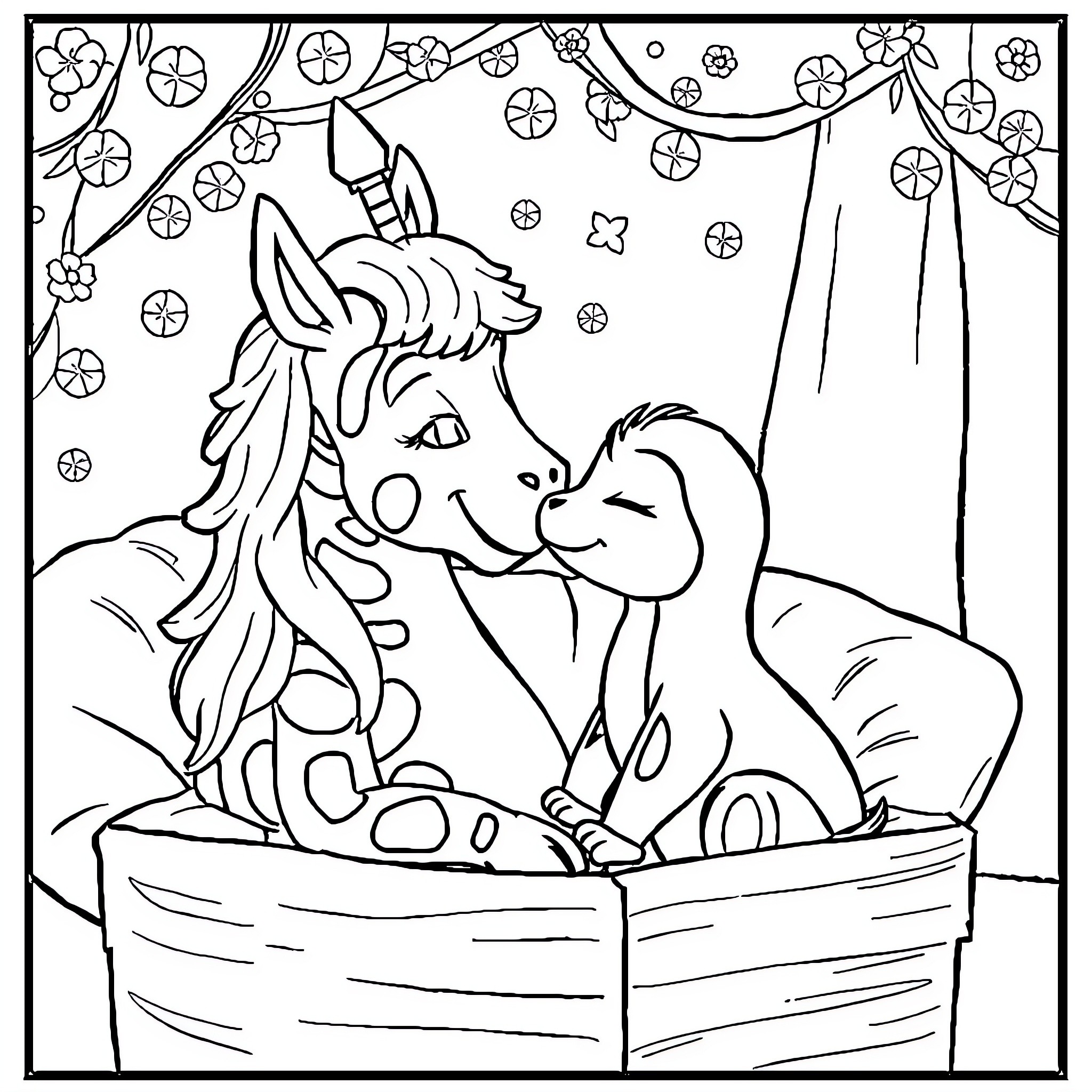 Mare and foal sharing a tender moment Coloring Page (free black-and-white line drawing printable PDF for all, from beginners to advanced learners, including children, teens, adults, and seniors)