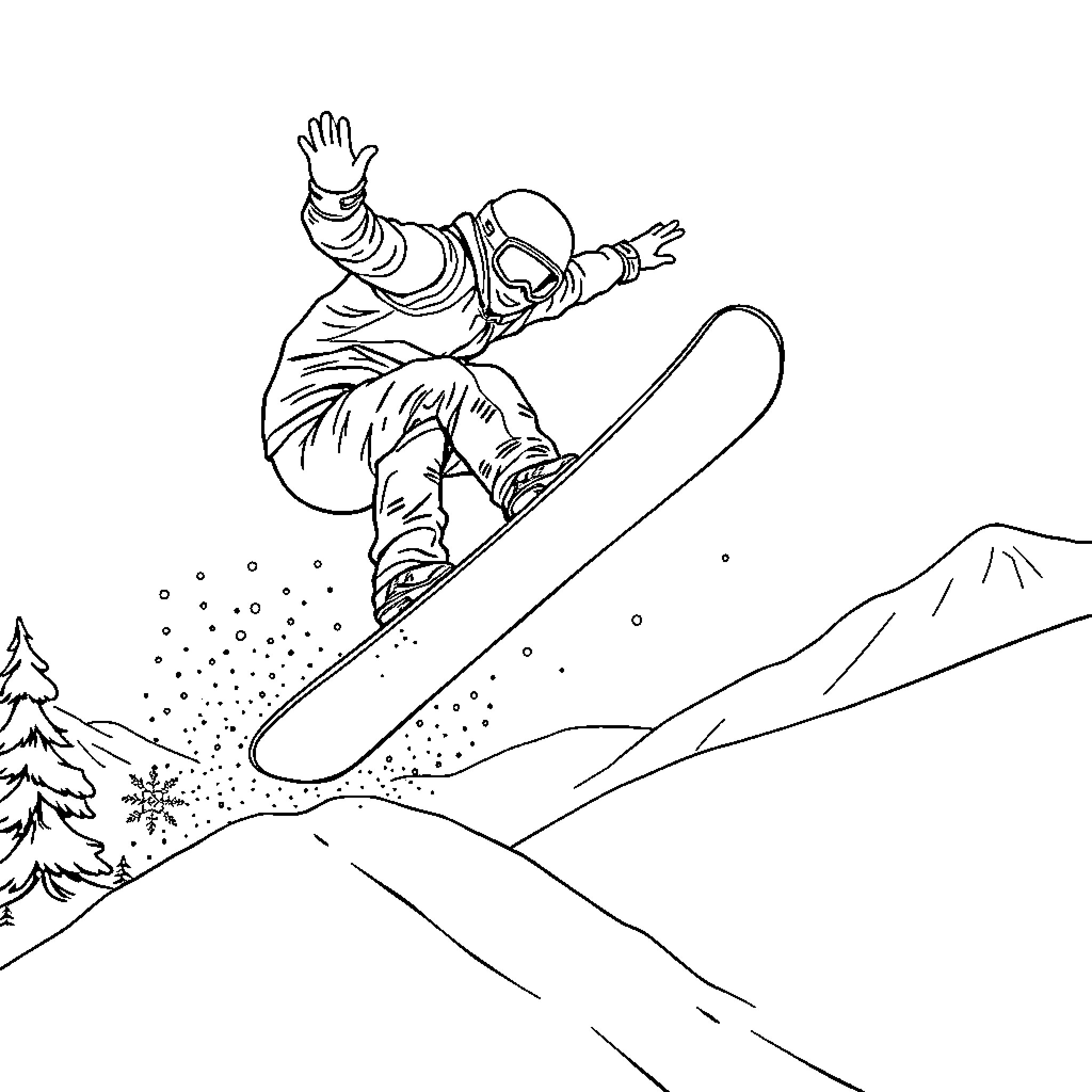 Snowboarder soaring down snowy mountain slope Coloring Page (free black-and-white line drawing printable PDF for all, from beginners to advanced learners, including children, teens, adults, and seniors)