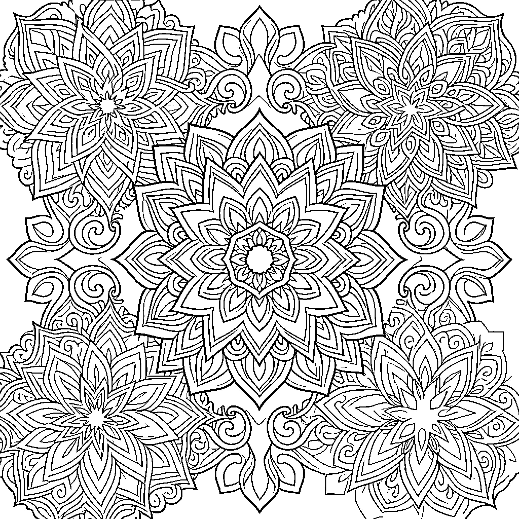 Mandalas arranged in a symmetrical floral pattern Coloring Page (free black-and-white line drawing printable PDF for all, from beginners to advanced learners, including children, teens, adults, and seniors)