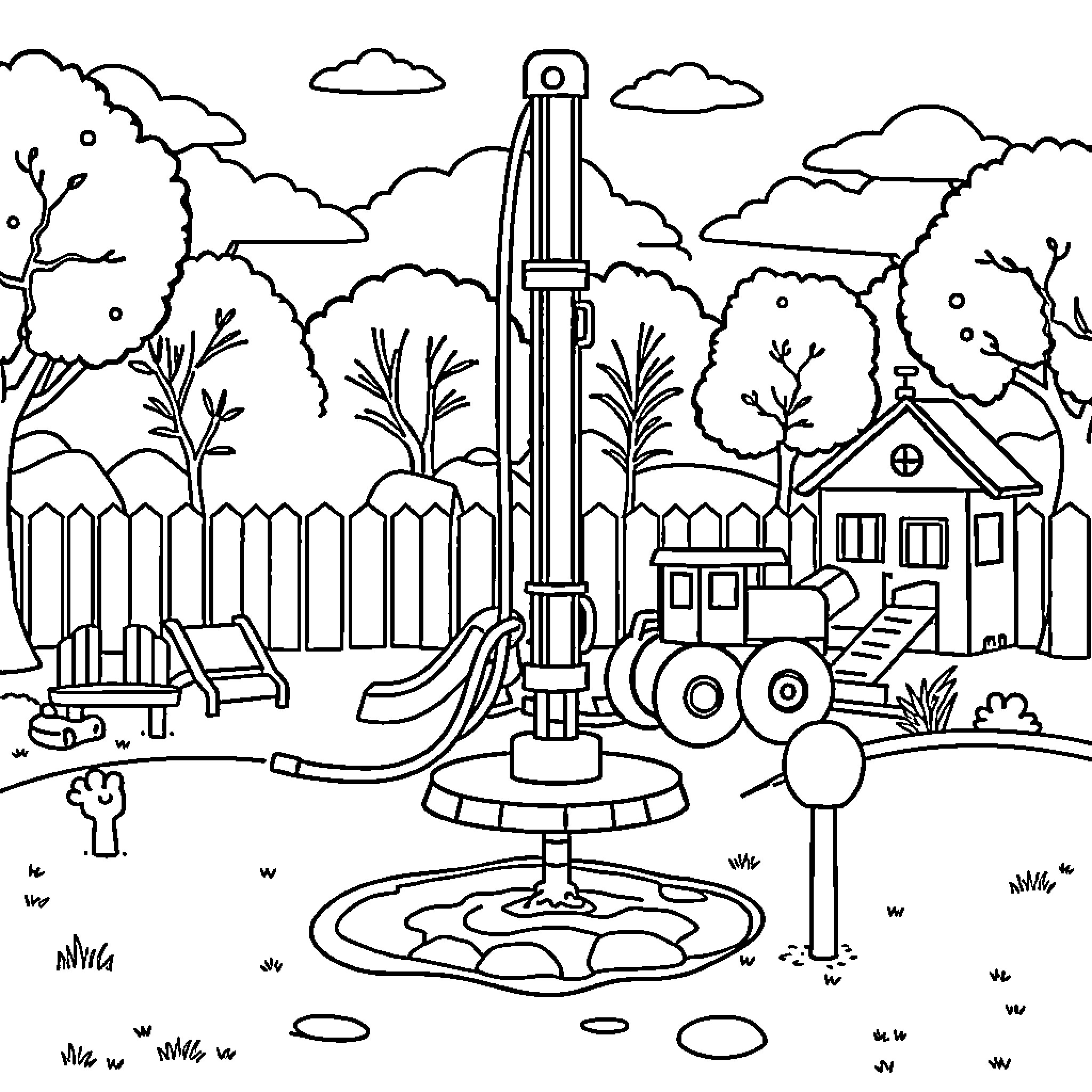 Drilling Rig Extracting Resources in Rural Landscape Coloring Page (free black-and-white line drawing printable PDF for all, from beginners to advanced learners, including children, teens, adults, and seniors)