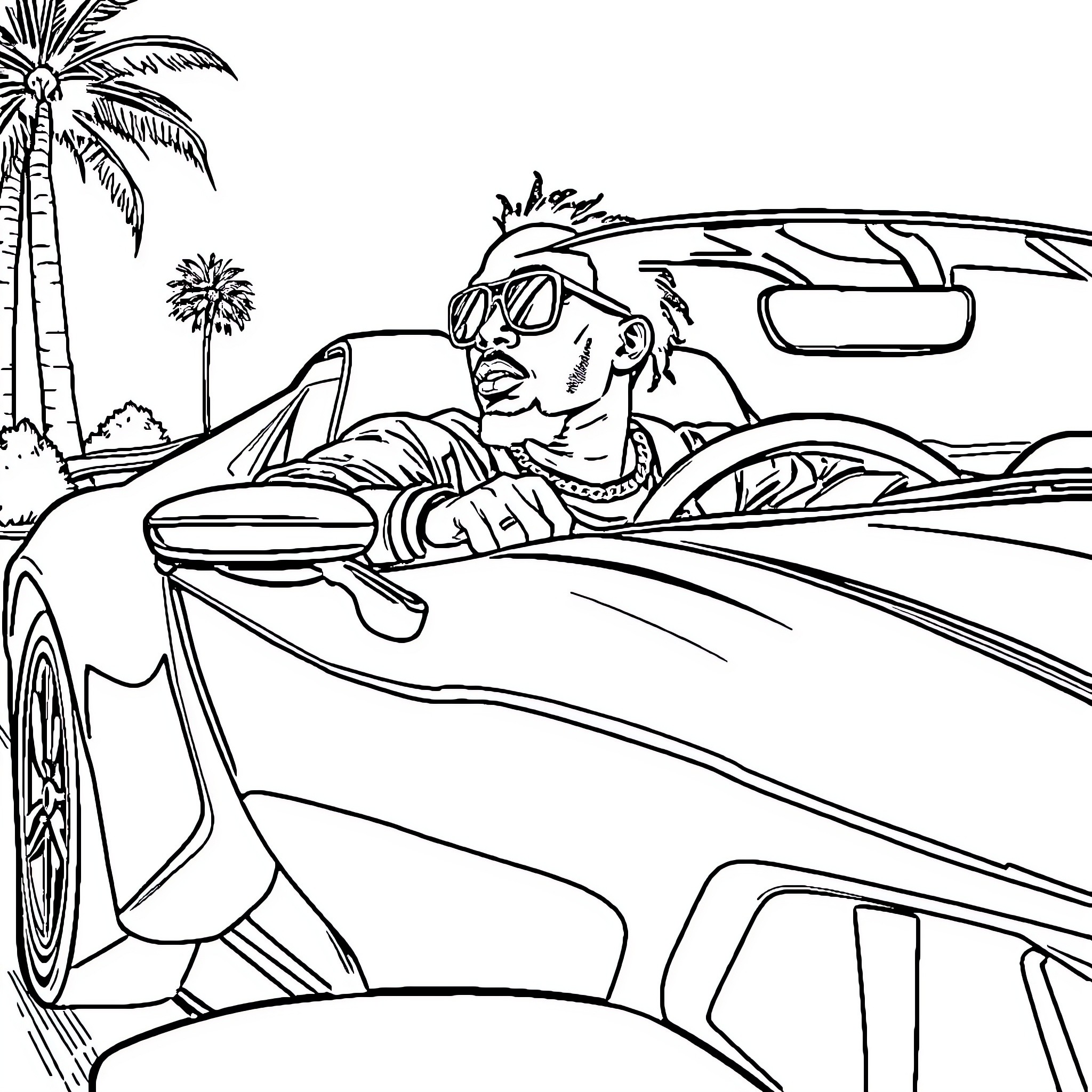 Kendrick Lamar driving a sports car on a tropical beach Coloring Page (free black-and-white line drawing printable PDF for all, from beginners to advanced learners, including children, teens, adults, and seniors)