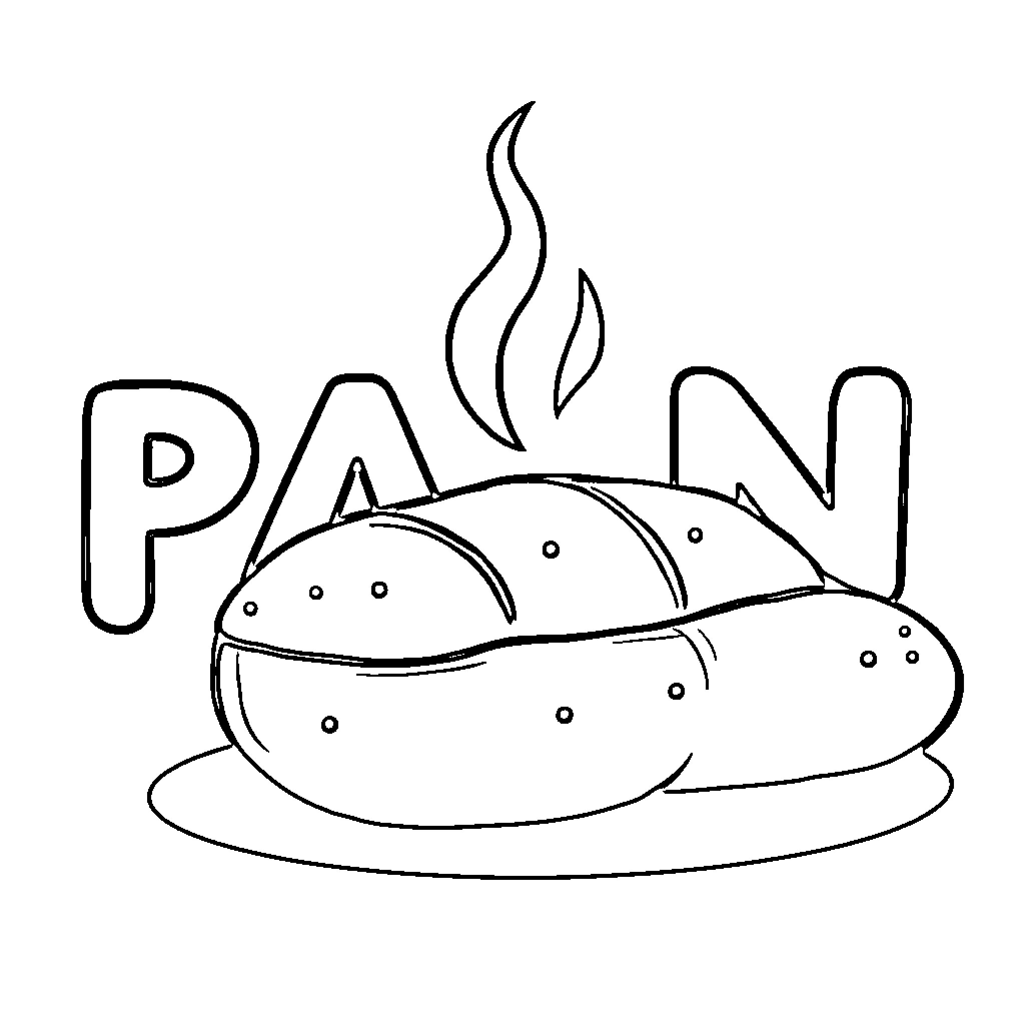 Pan fresh baked bread on table Coloring Page (free black-and-white line drawing printable PDF for all, from beginners to advanced learners, including children, teens, adults, and seniors)