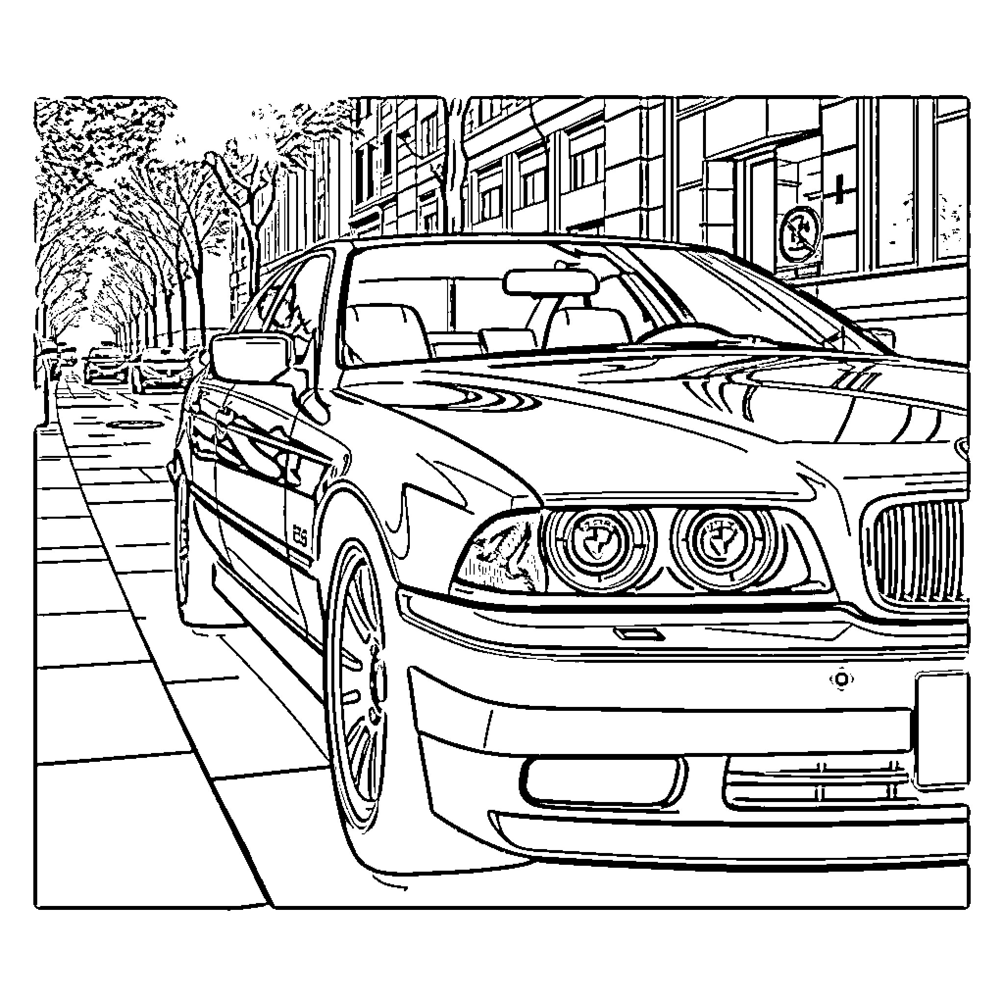 BMW luxury sedan driving down city street Coloring Page (free black-and-white line drawing printable PDF for all, from beginners to advanced learners, including children, teens, adults, and seniors)