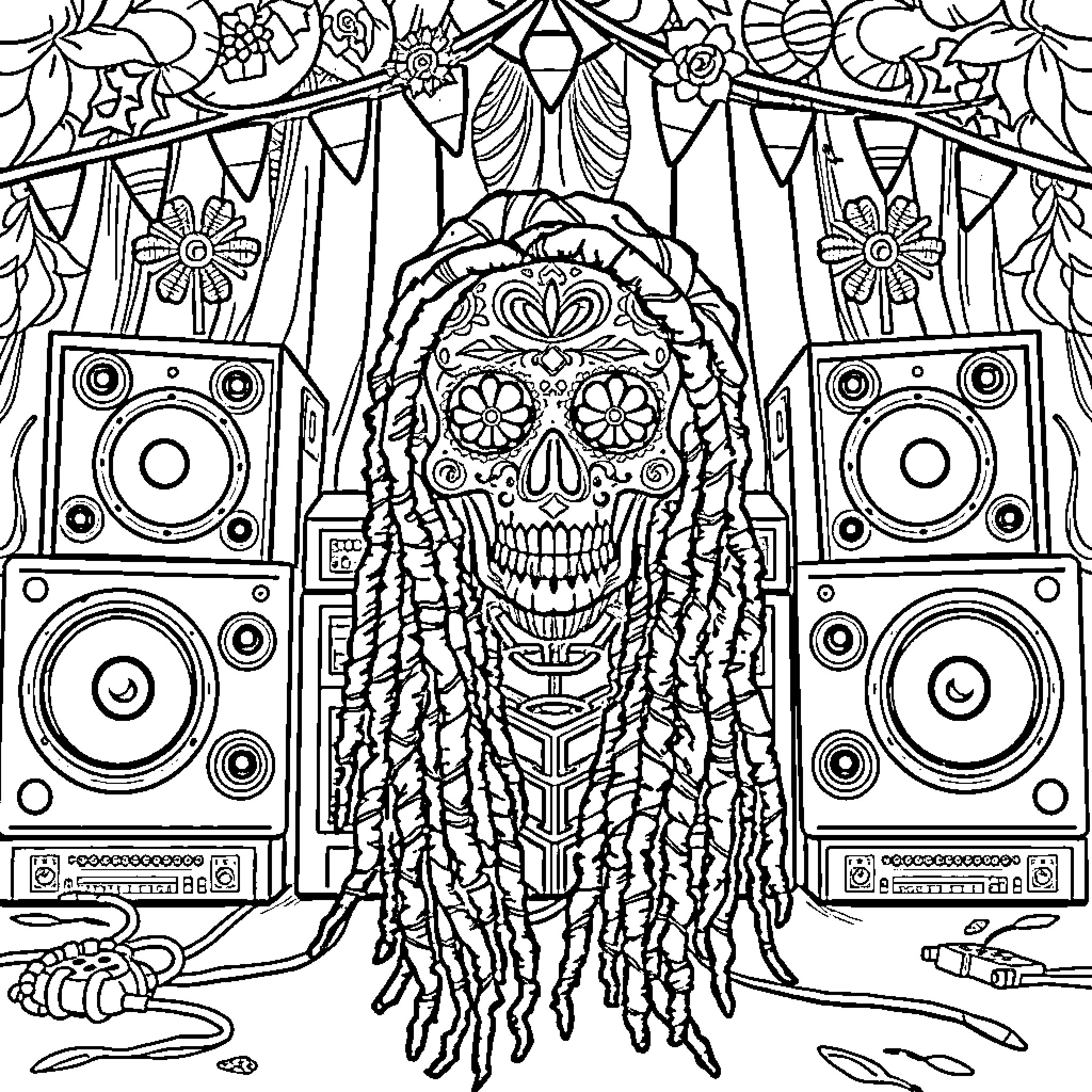 Sugar Skull with Music Speakers Surrounded by Floral Patterns Coloring Page (free black-and-white line drawing printable PDF for all, from beginners to advanced learners, including children, teens, adults, and seniors)