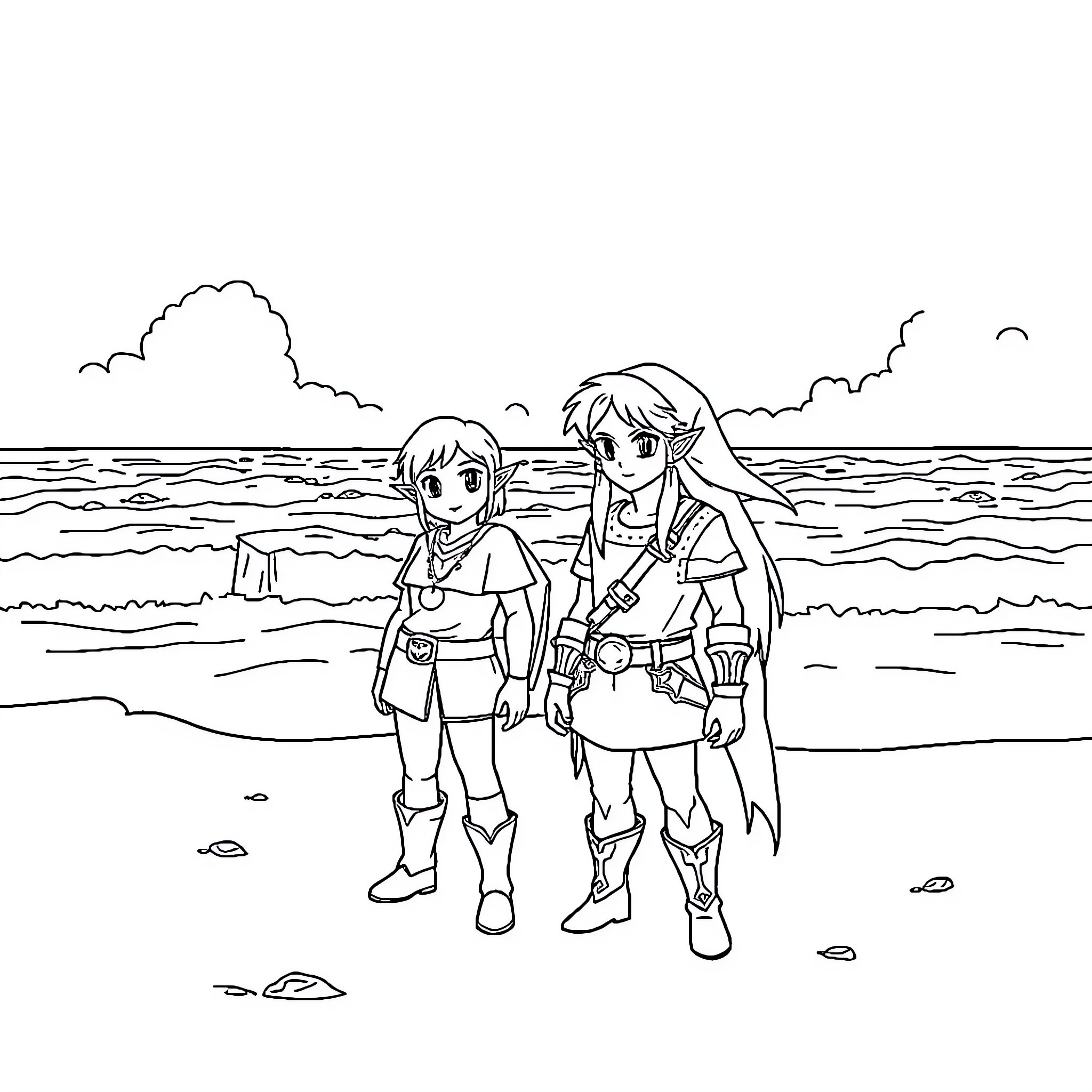 Link and Companion Explore the Beach Coloring Page (free black-and-white line drawing printable PDF for all, from beginners to advanced learners, including children, teens, adults, and seniors)