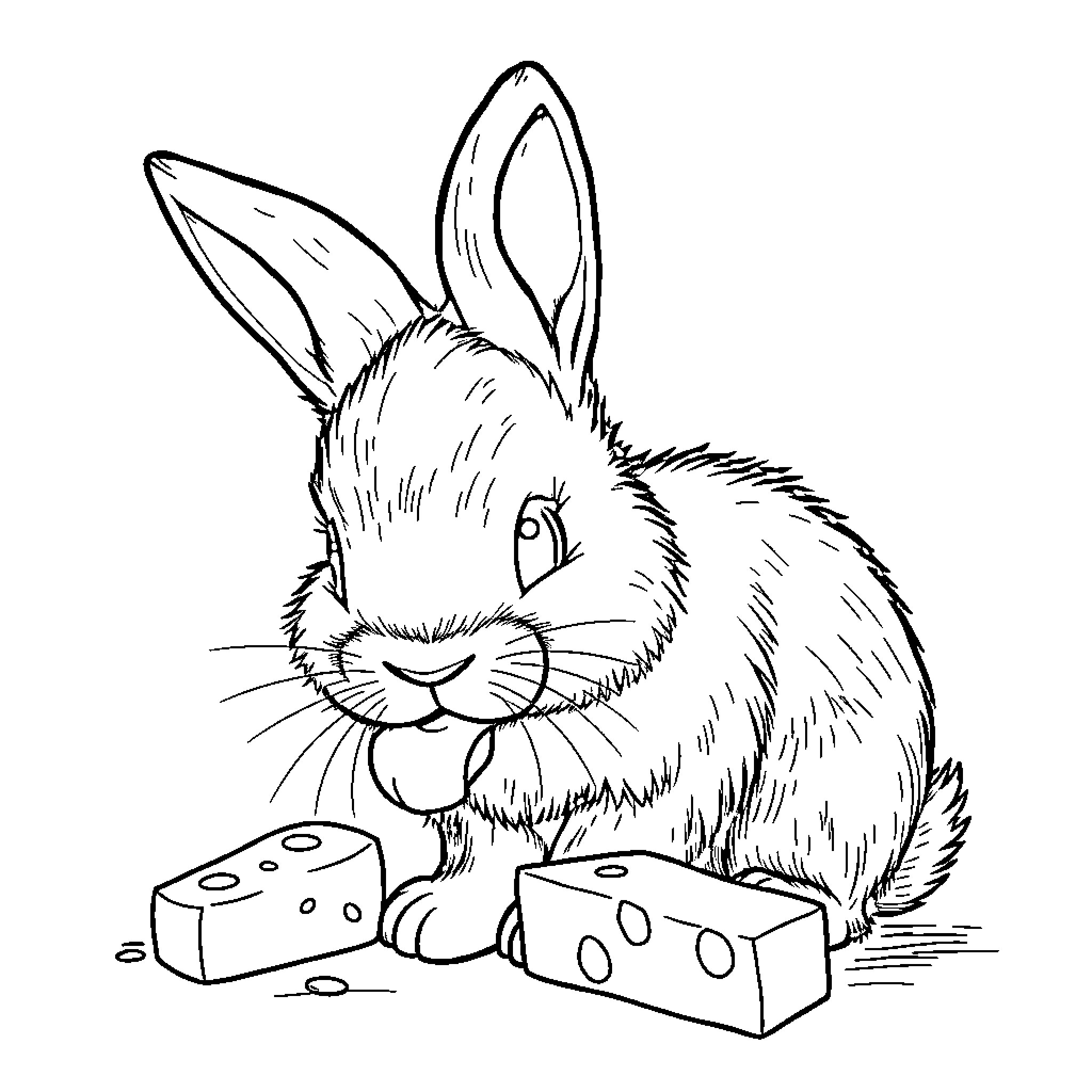 Rabbit enjoying a snack with cheese Coloring Page (free black-and-white line drawing printable PDF for all, from beginners to advanced learners, including children, teens, adults, and seniors)