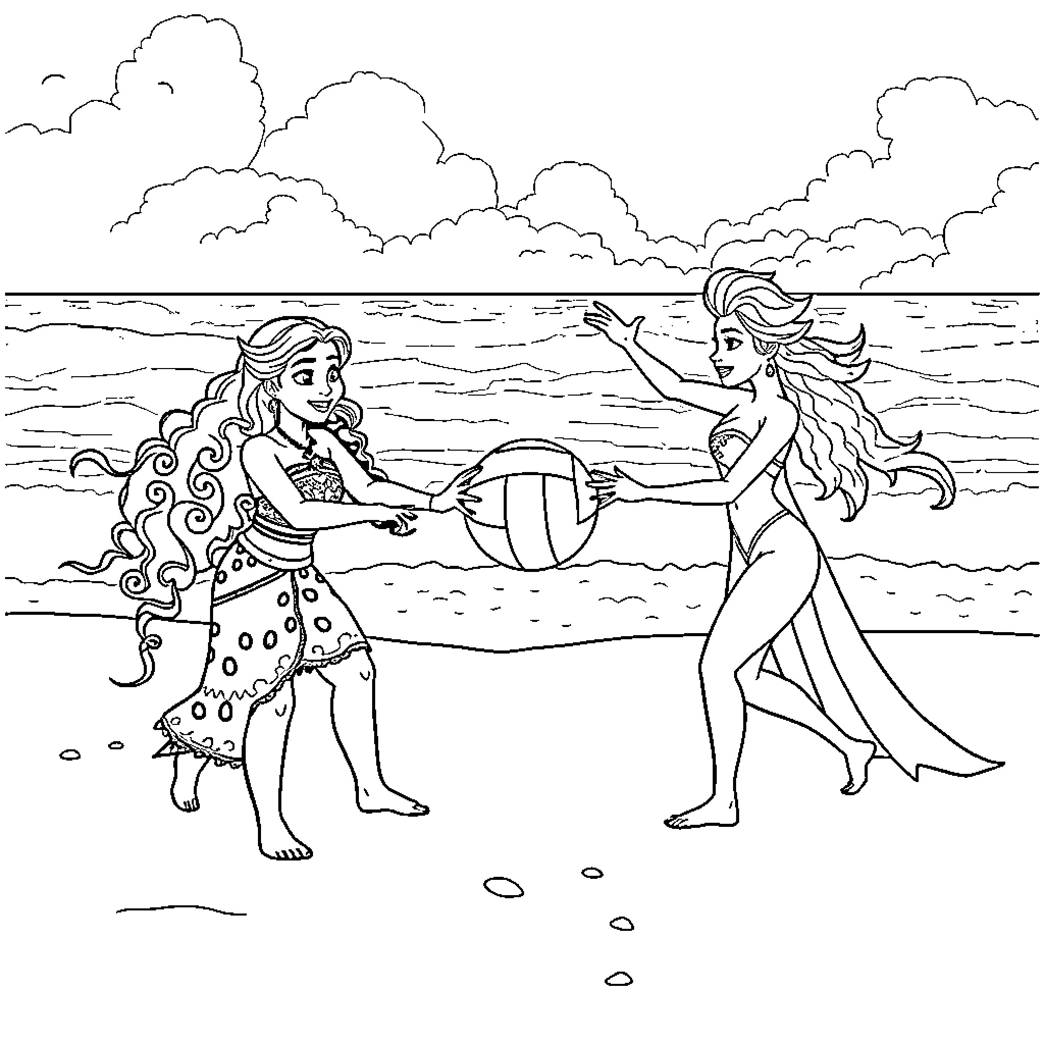 Moana and Elsa enjoying beach activities together Coloring Page (free black-and-white line drawing printable PDF for all, from beginners to advanced learners, including children, teens, adults, and seniors)