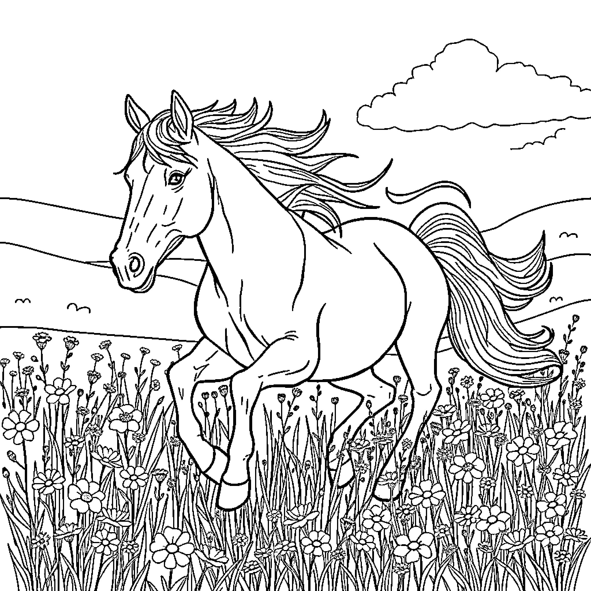 Horse galloping through a flowery meadow Coloring Page (free black-and-white line drawing printable PDF for all, from beginners to advanced learners, including children, teens, adults, and seniors)