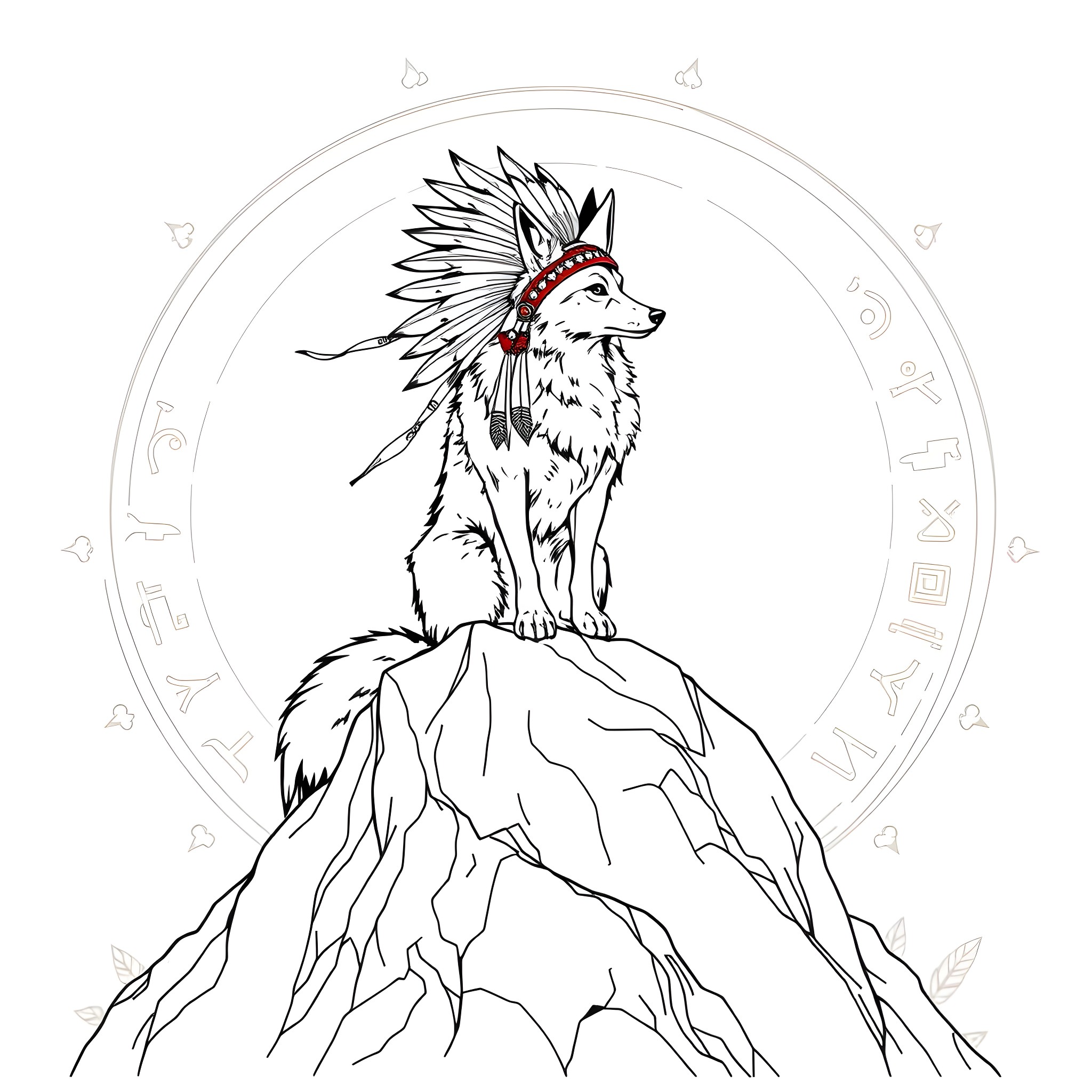 Coyote standing proudly on a rocky mountain Coloring Page (free black-and-white line drawing printable PDF for all, from beginners to advanced learners, including children, teens, adults, and seniors)