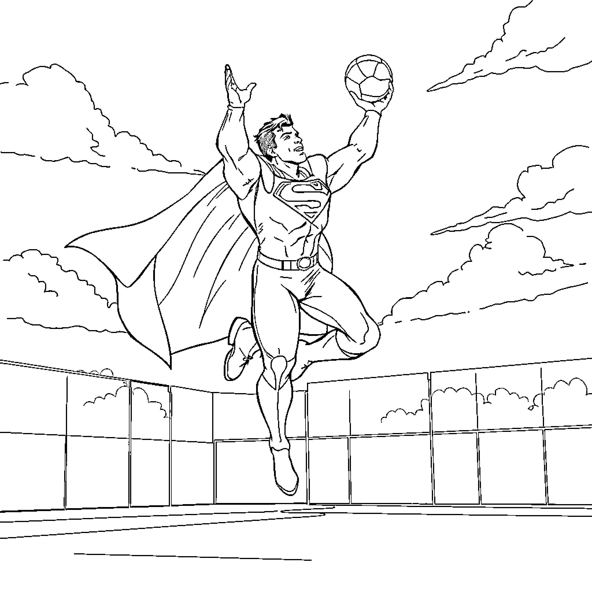 Superman soaring with a soccer ball in the sky Coloring Page (free black-and-white line drawing printable PDF for all, from beginners to advanced learners, including children, teens, adults, and seniors)